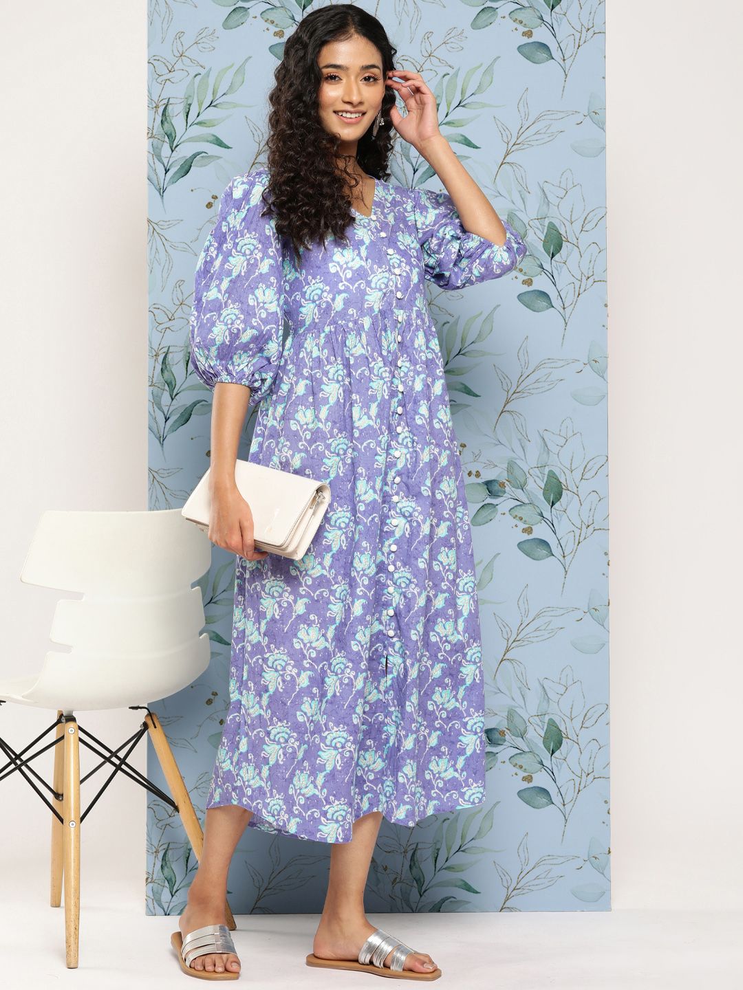 Yufta Lavender Floral Print Flared Sleeve Maxi Dress Price in India