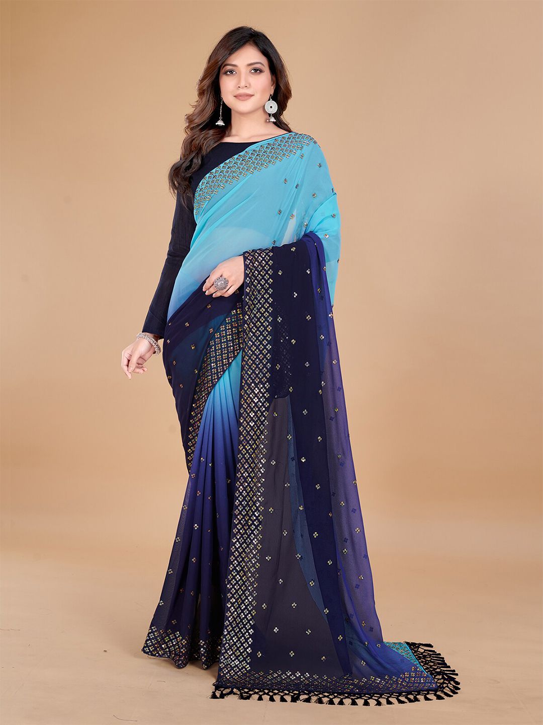 Granthva Fab Blue & Gold-Toned Embellished Sequinned Pure Georgette Saree Price in India