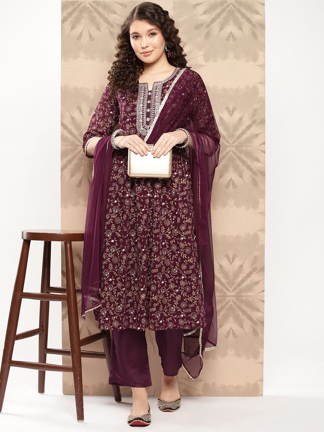 Libas Women Floral Yoke Design High Slit Sequinned Kurta with Trousers & With Dupatta Price in India