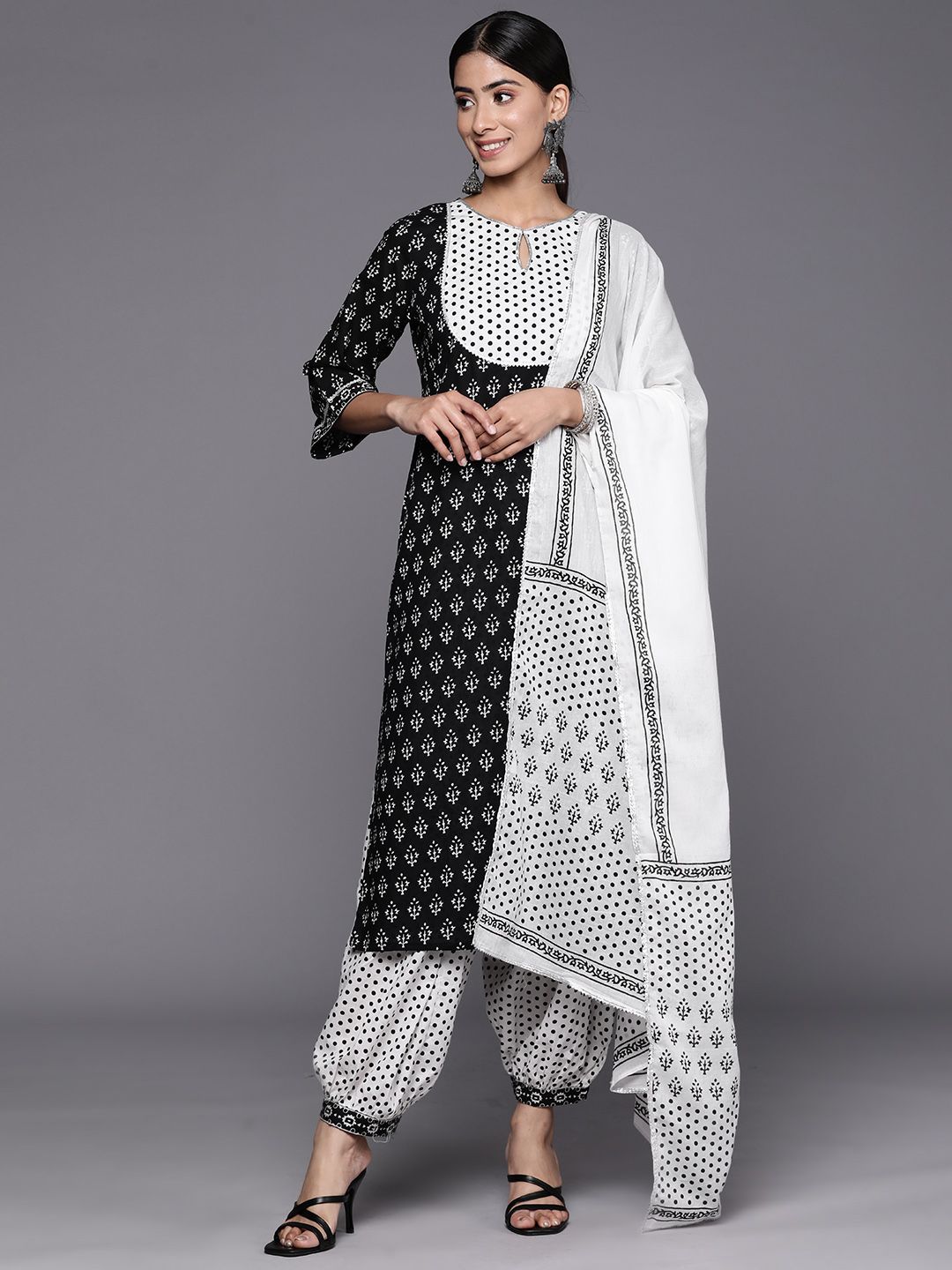 Libas Women Black Ethnic Motifs Yoke Design Regular Gotta Patti Pure Cotton Kurta with Salwar & With Dupatta Price in India