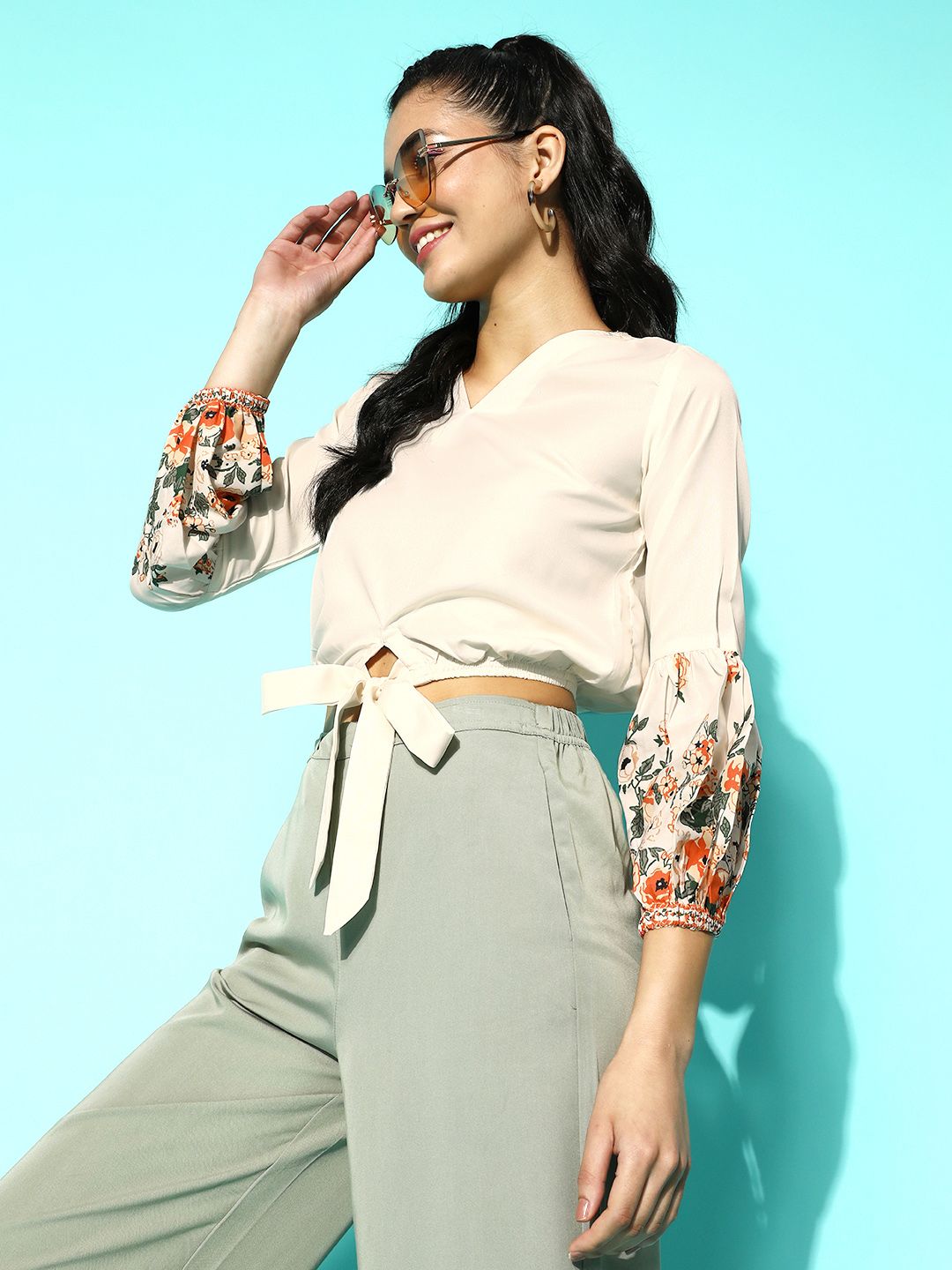 Sangria White & Green Floral Print Puff Sleeves Crepe Crop Top With Tie-Ups Detail Price in India