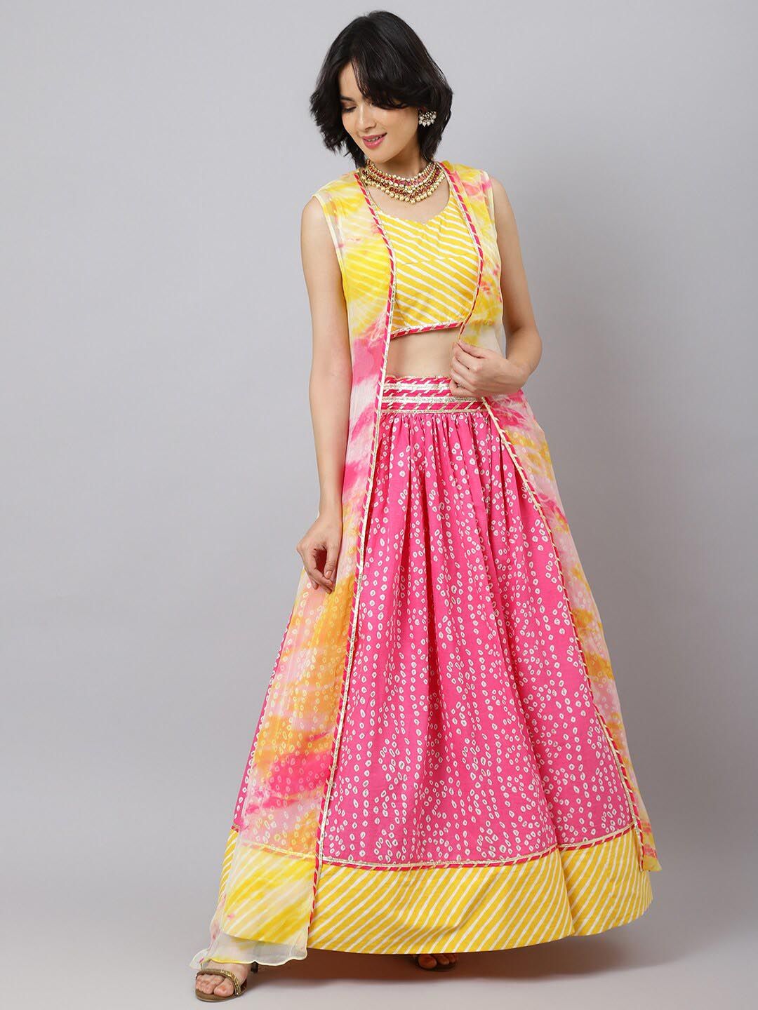 Khushal K Bandhani Printed Cotton Ready to Wear Lehenga & Choli with Jacket Set Price in India