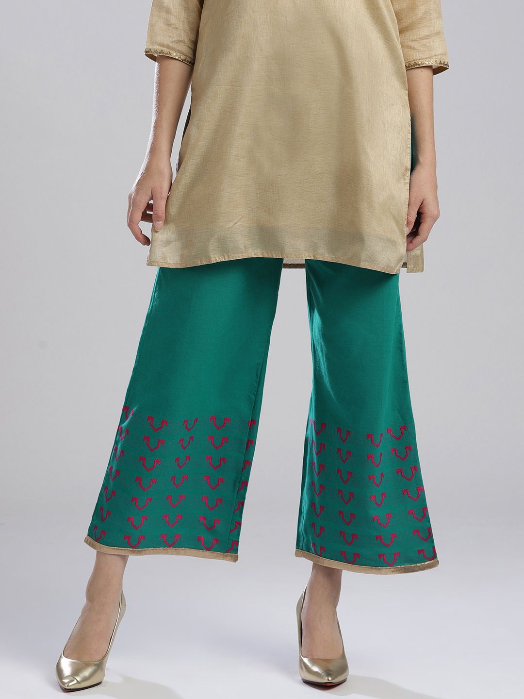 W Women Green Wide Leg Self Design Palazzos