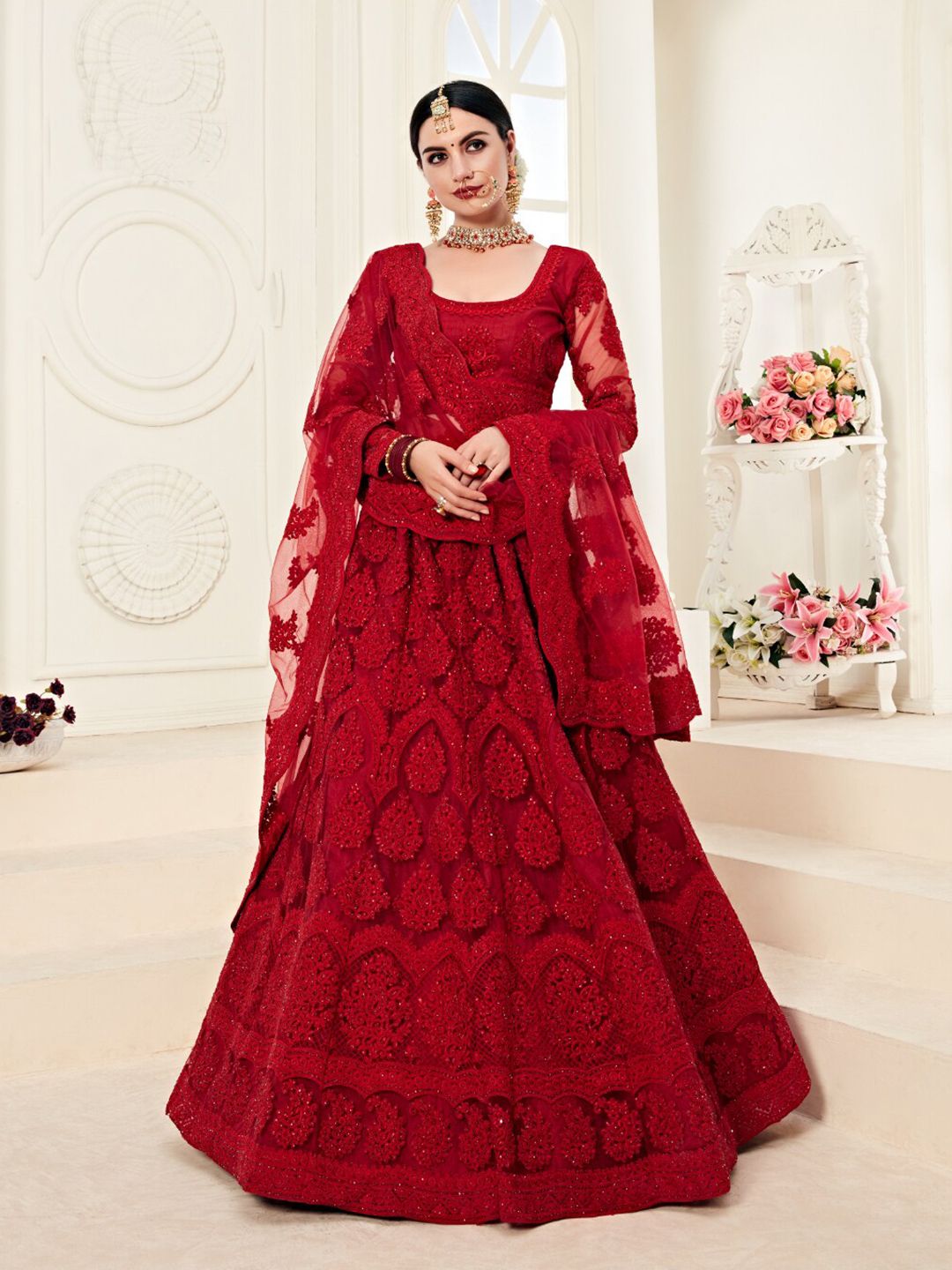 Angroop Red Embroidered Thread Work Semi-Stitched Lehenga & Unstitched Blouse With Dupatta Price in India