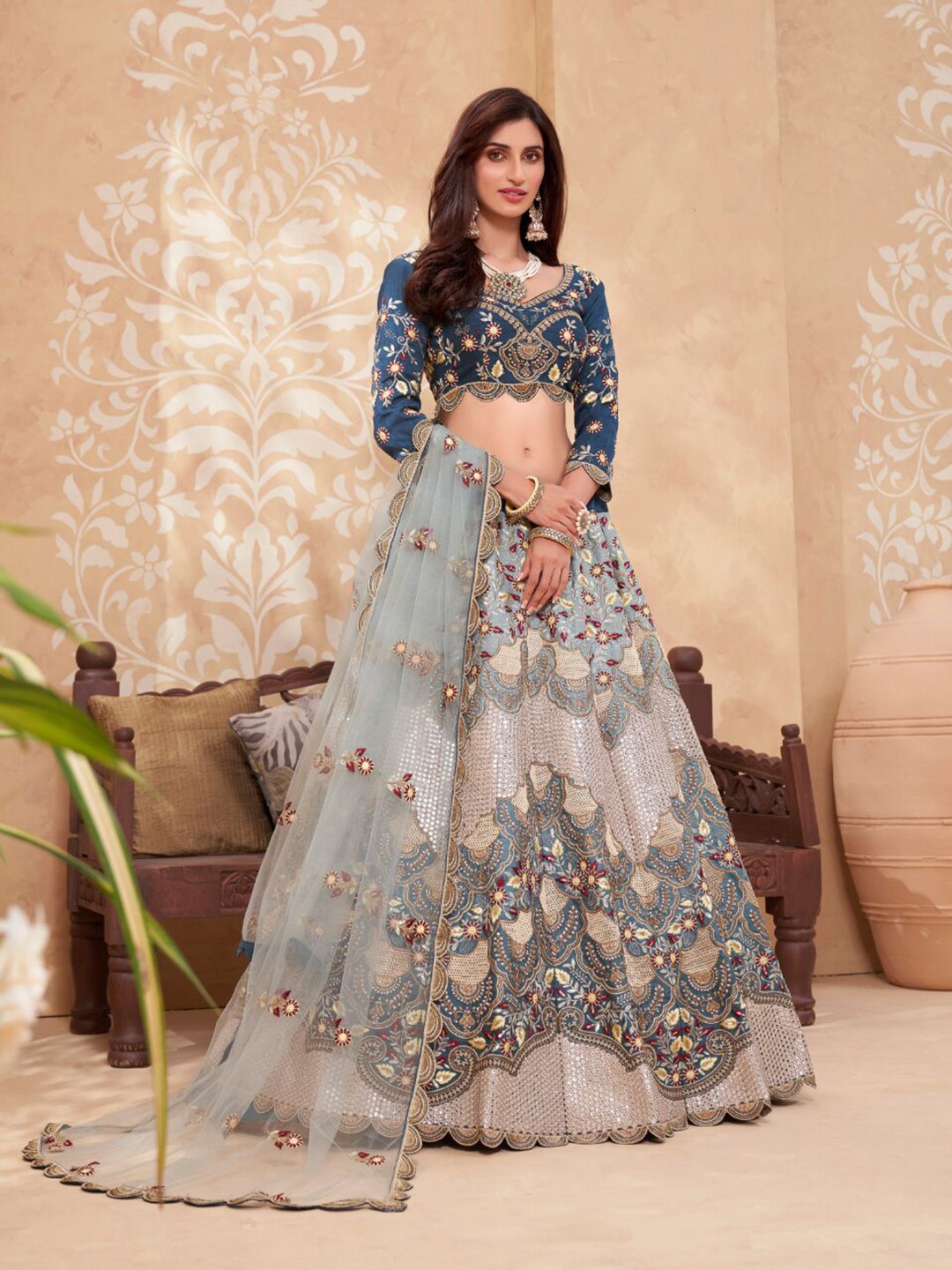 Angroop Blue & Grey Embroidered Thread Work Semi-Stitched Lehenga & Unstitched Blouse With Dupatta Price in India