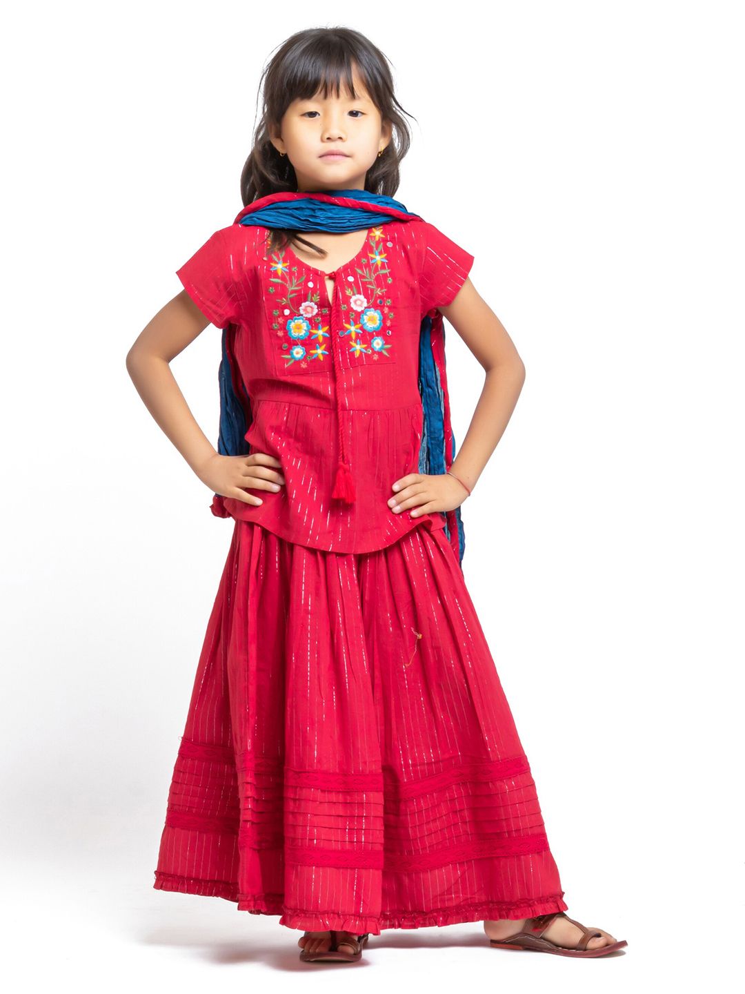 My Little Lambs Girls Red & Blue Thread Work Ready to Wear Lehenga & Blouse With Dupatta Price in India