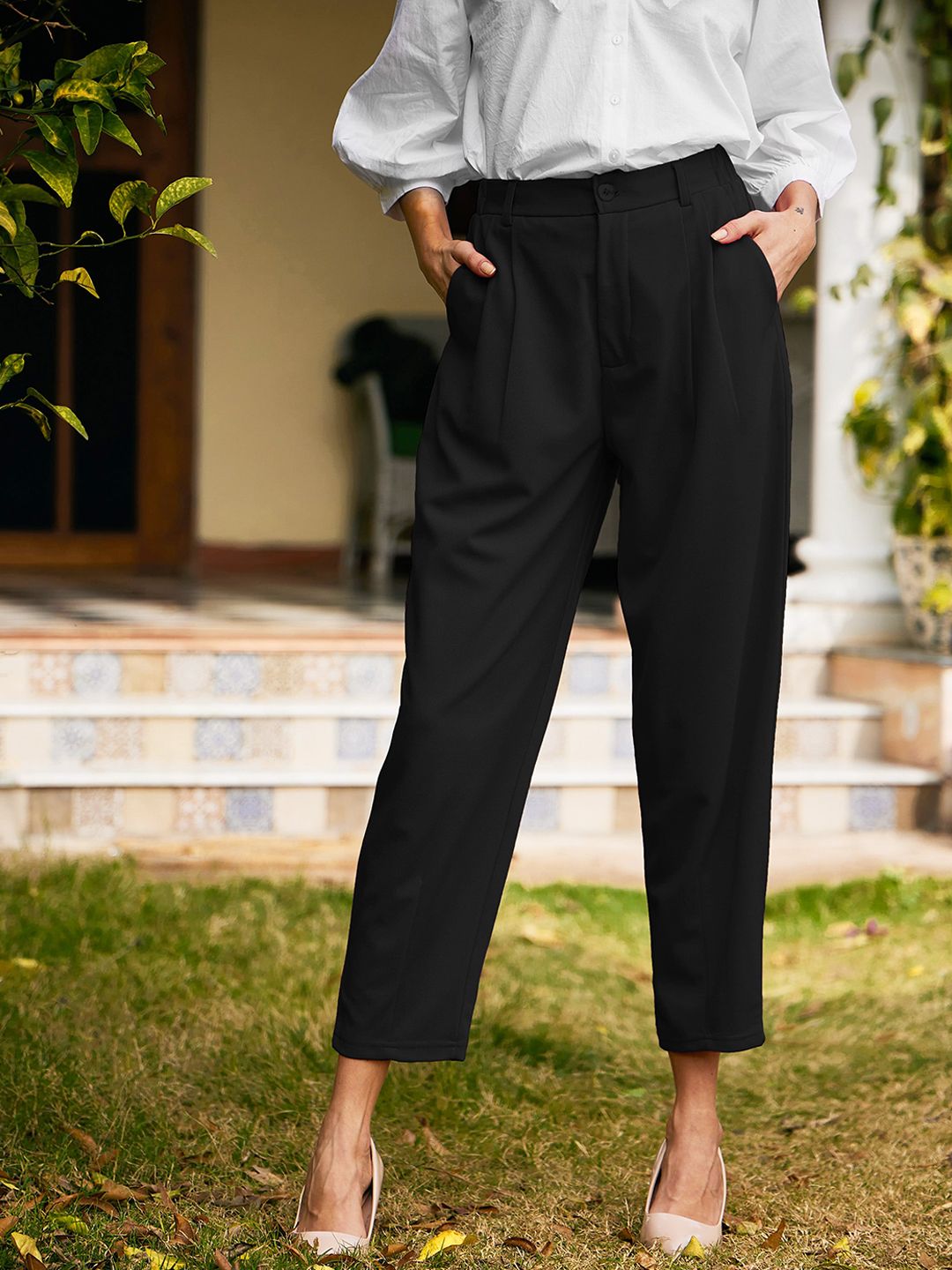 SASSAFRAS Women Tapered Fit Mid-Rise Pleated Trousers Price in India