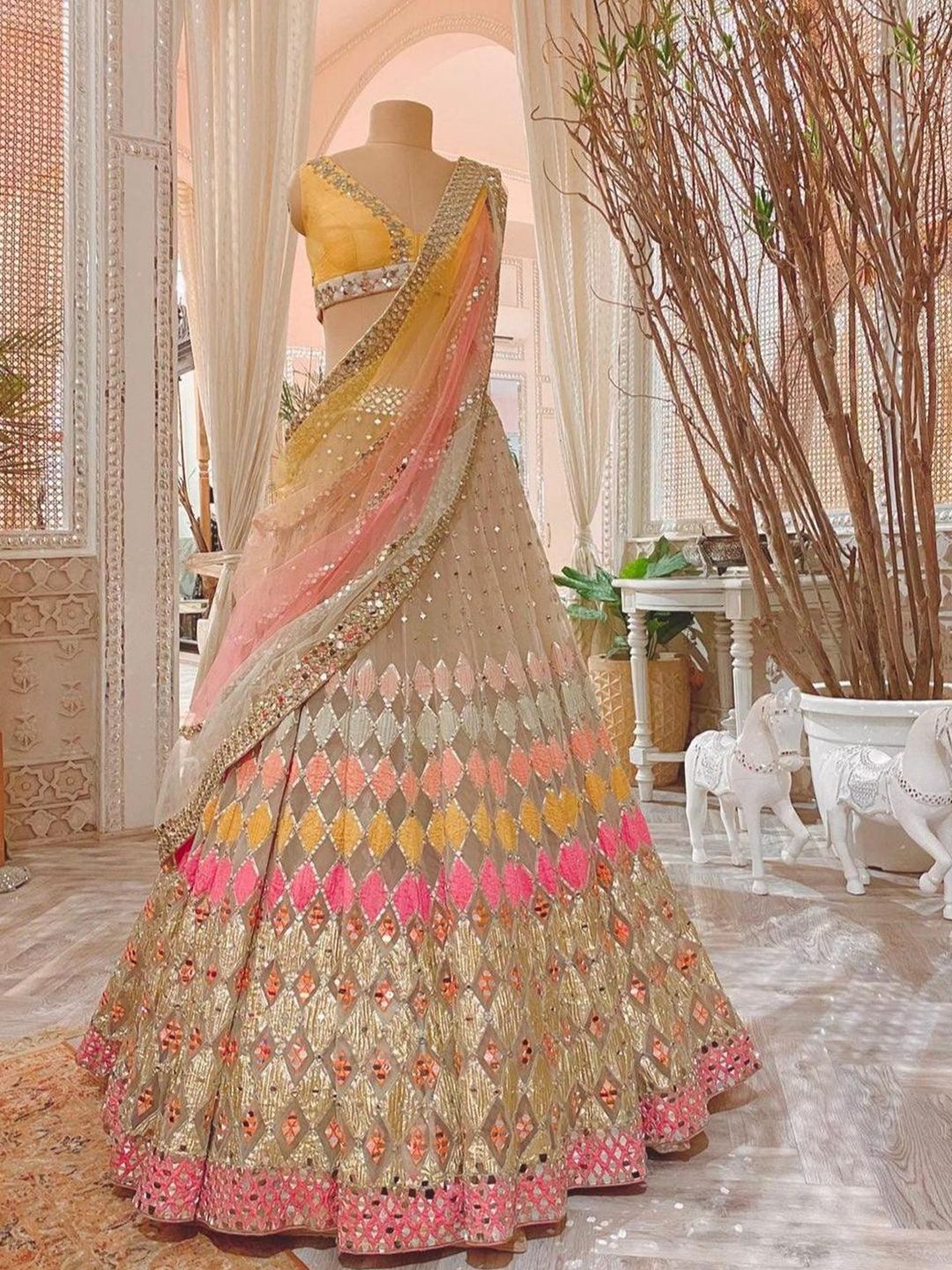 ODETTE Embellished Mirror Work Semi-Stitched Lehenga & Unstitched Blouse With Dupatta Price in India