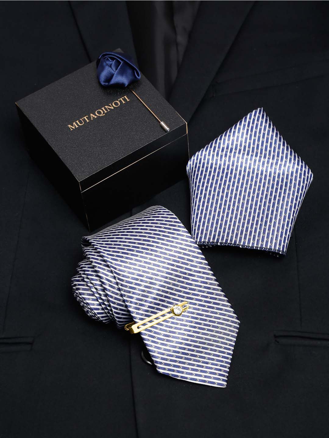 MUTAQINOTI Men Dotted Stripes Silk Blend Necktie Accessory Gift Set