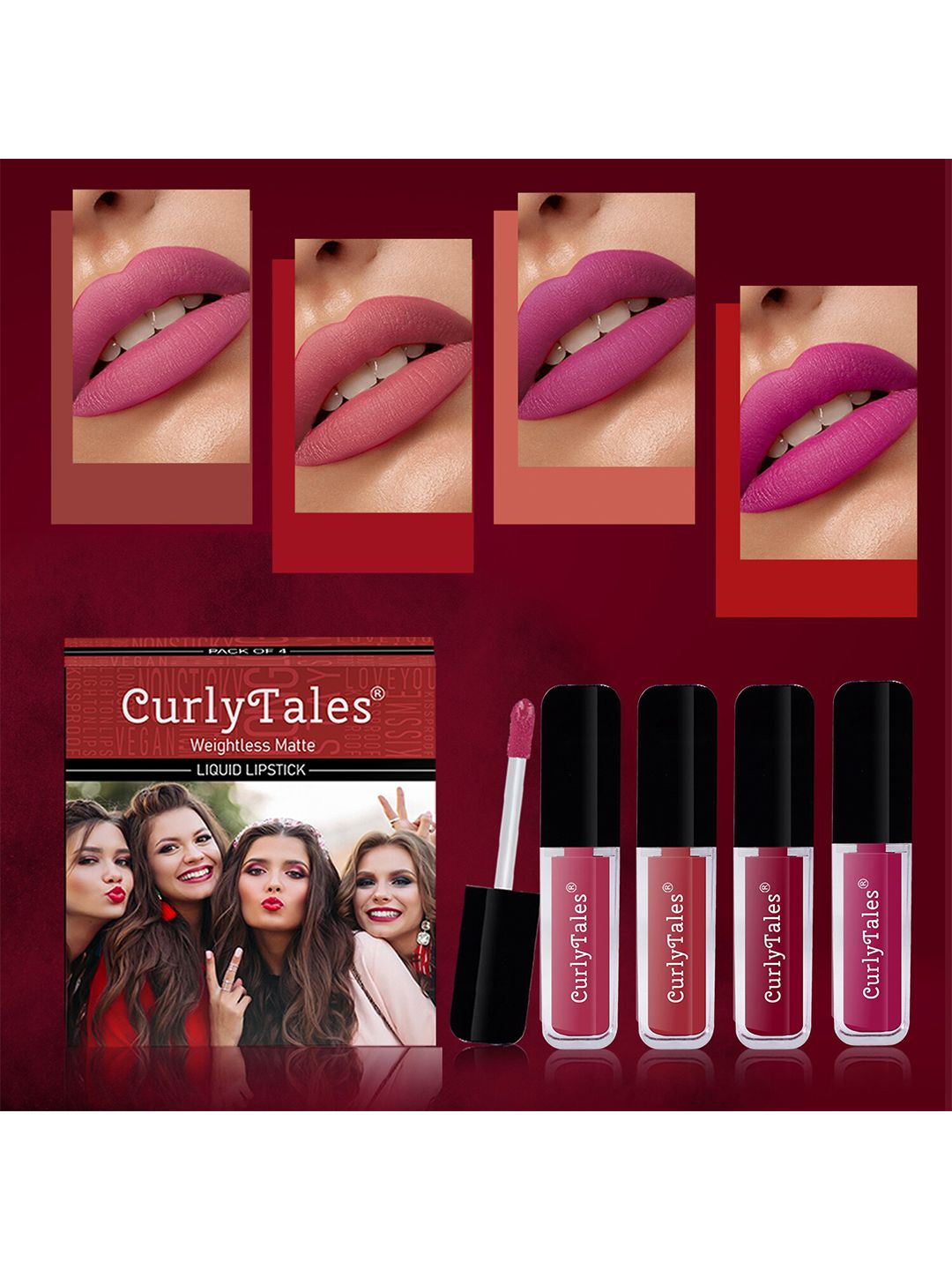 CurlyTales Set of 4 Weightless Matte Long Lasting Liquid Lipsticks - 3 ml each