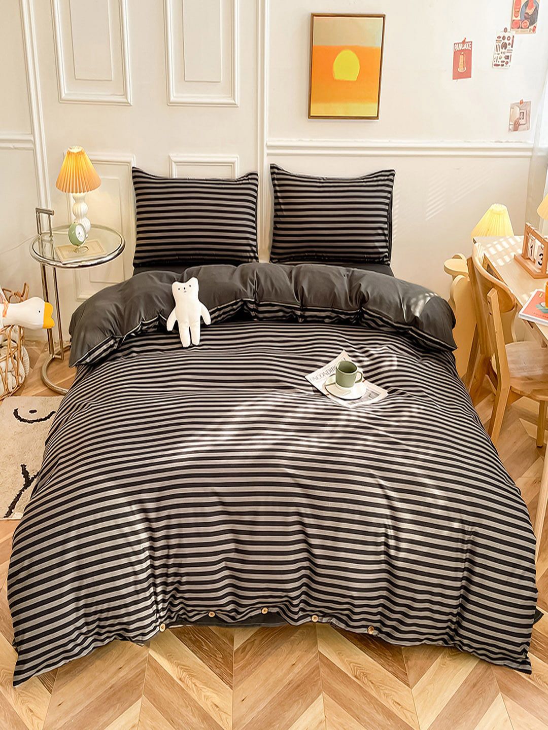JC HOME Black Striped Double King Bedding Set