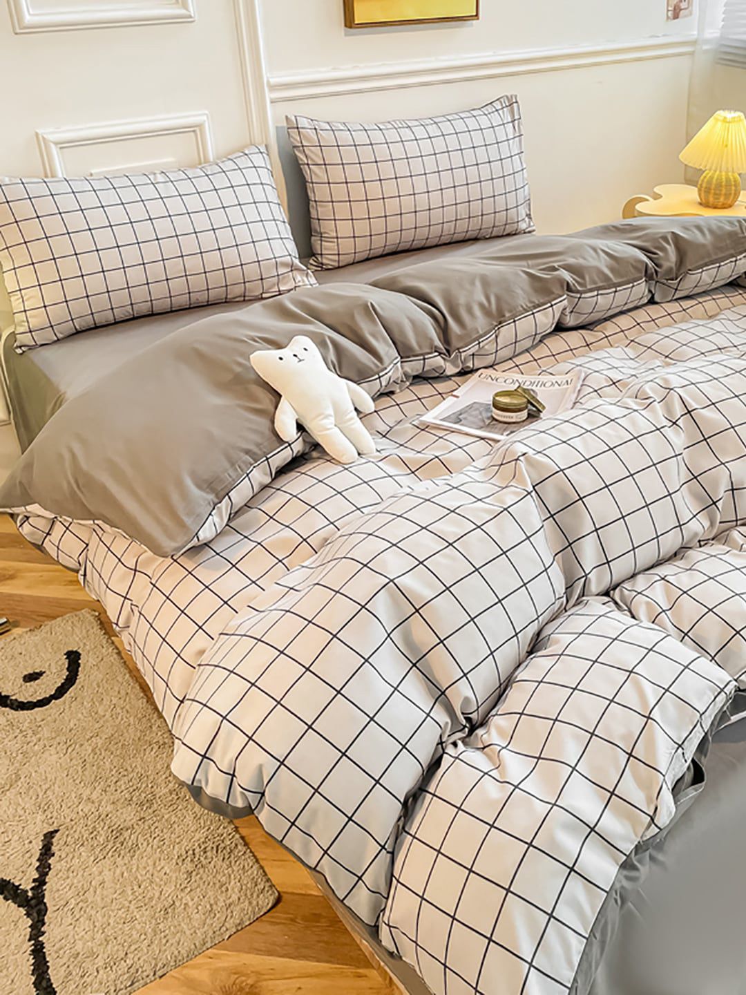 JC HOME Grey & White Checked Double King Bedding Set