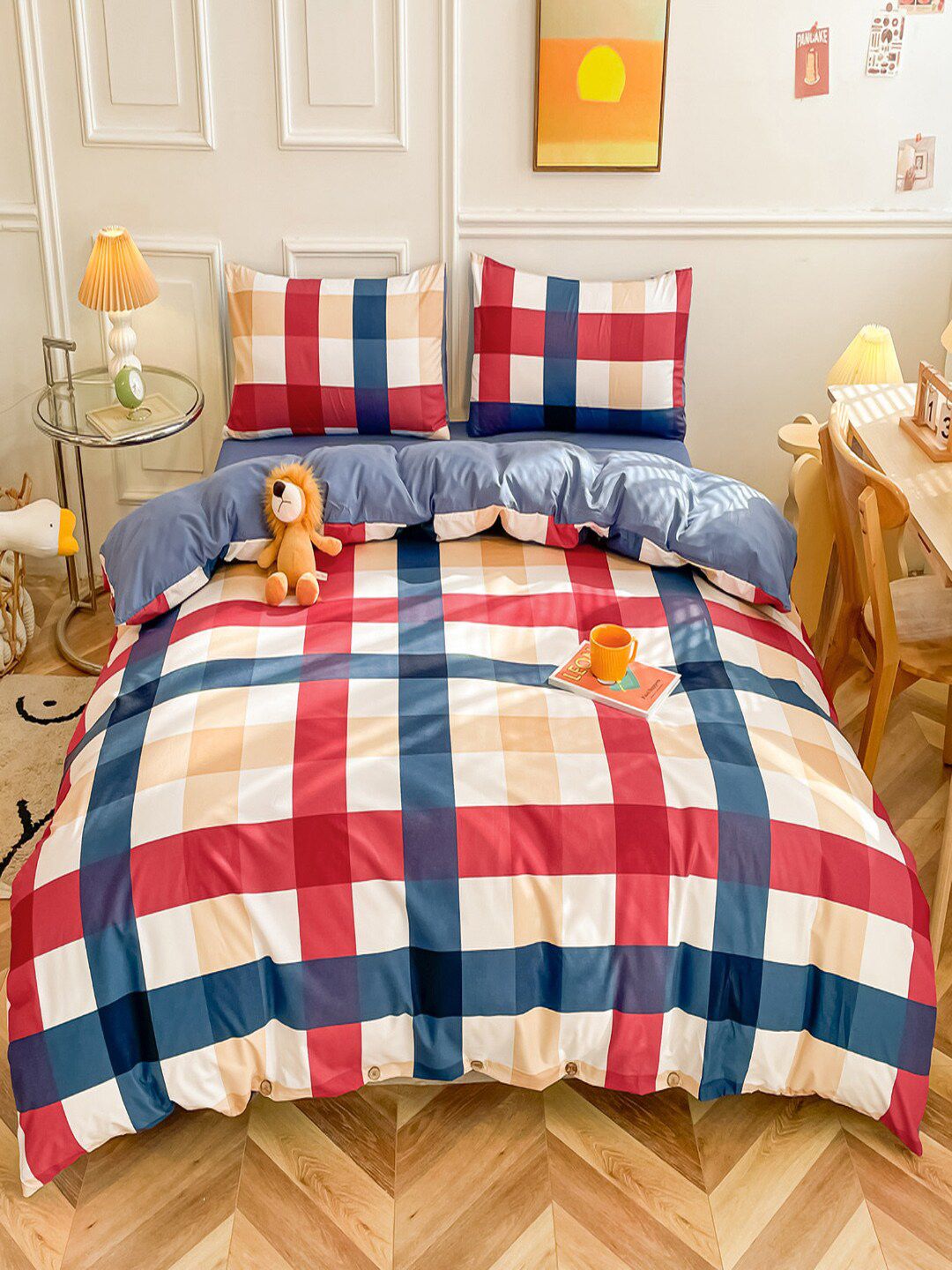 JC HOME Blue Checked Double King Bedding Set