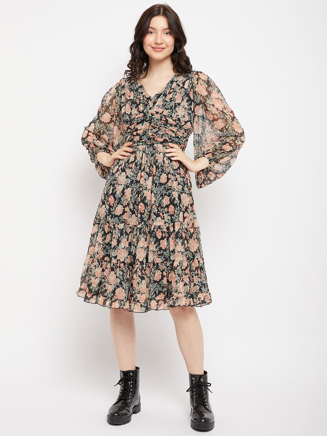 Antheaa Floral Printed Puff Sleeves Pleated Fit & Flare Dress Price in India