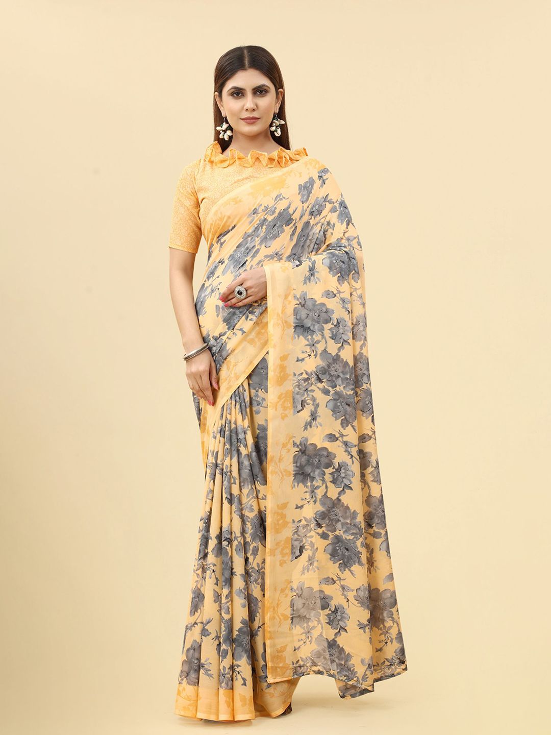 KALINI Orange & Grey Floral Poly Georgette Saree Price in India