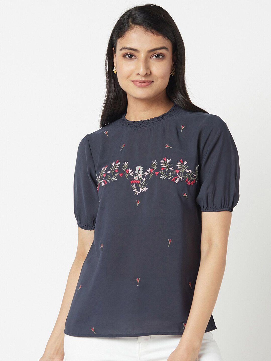Miss Grace Floral Embroidered Puff Sleeves Smocked Top Price in India
