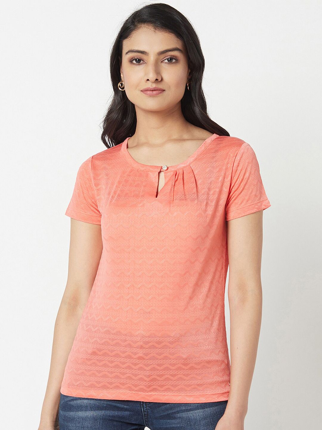 Miss Grace Self Design Keyhole Neck Pleated Top Price in India