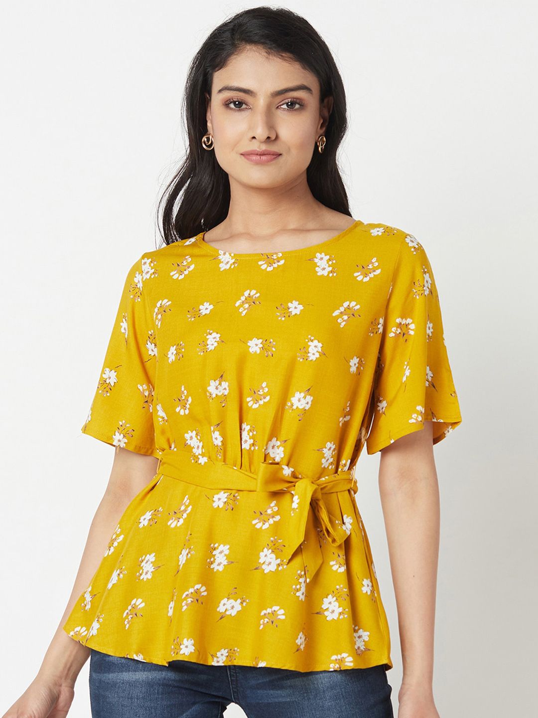 Miss Grace Floral Printed Waist Tie-Up Cinched Waist Top Price in India