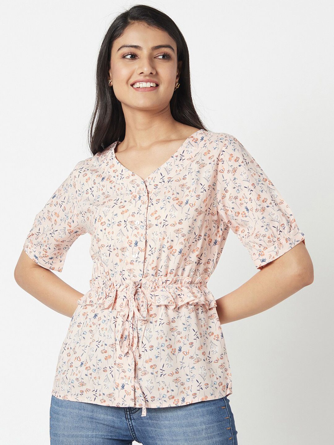Miss Grace Floral Print Cinched Waist Top Price in India