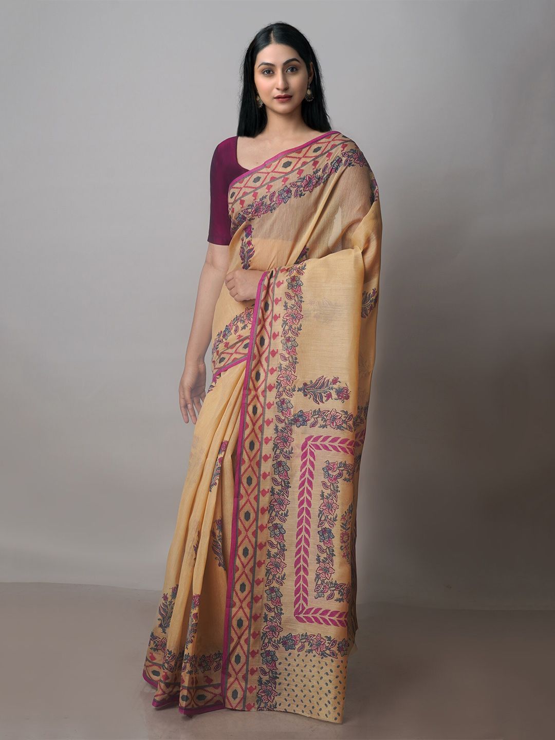 Unnati Silks Brown & Pink Ethnic Motifs Silk Cotton Chanderi Saree Price in India