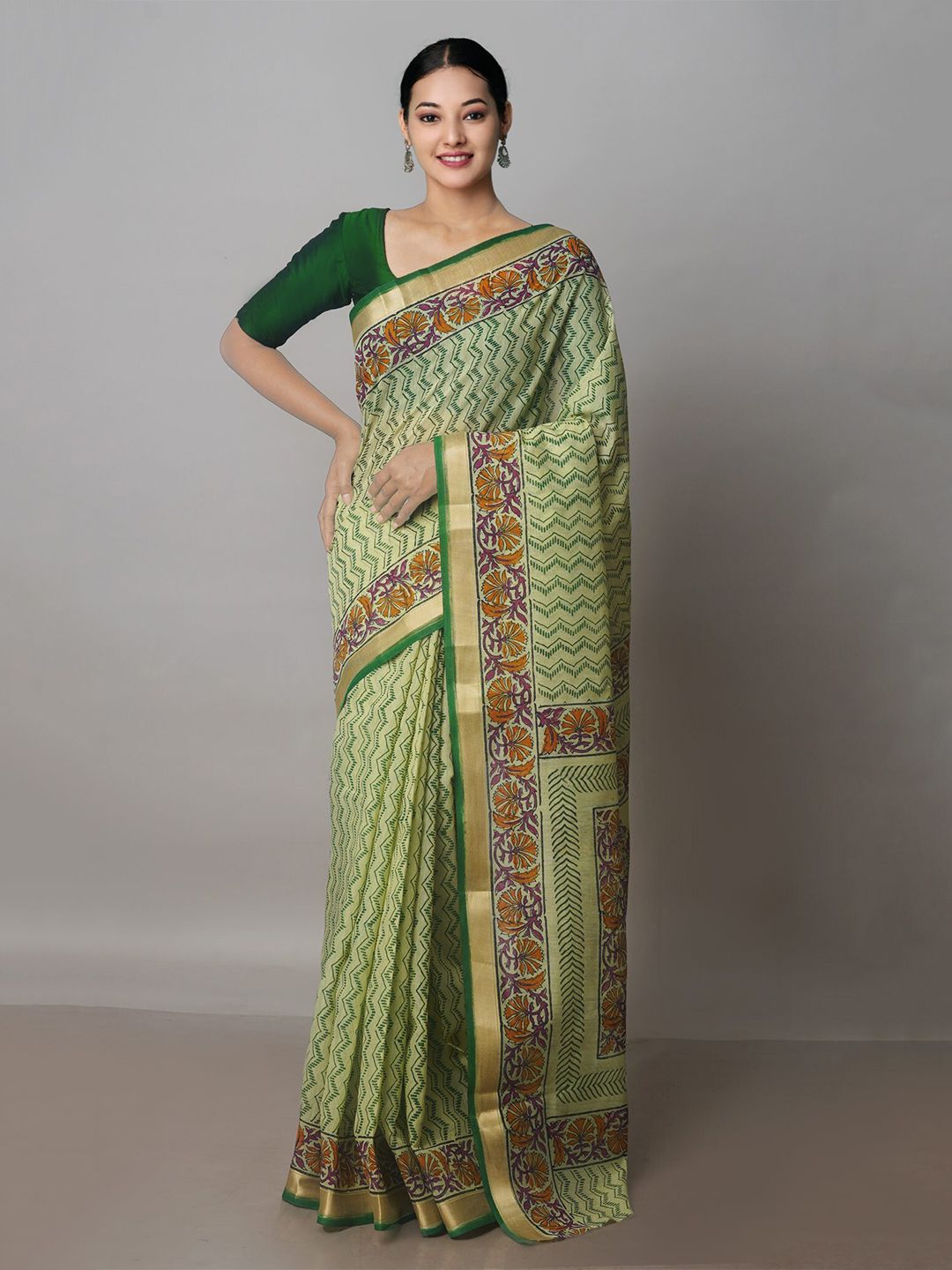 Unnati Silks Green & Yellow Ethnic Motifs Zari Silk Cotton Chanderi Saree Price in India