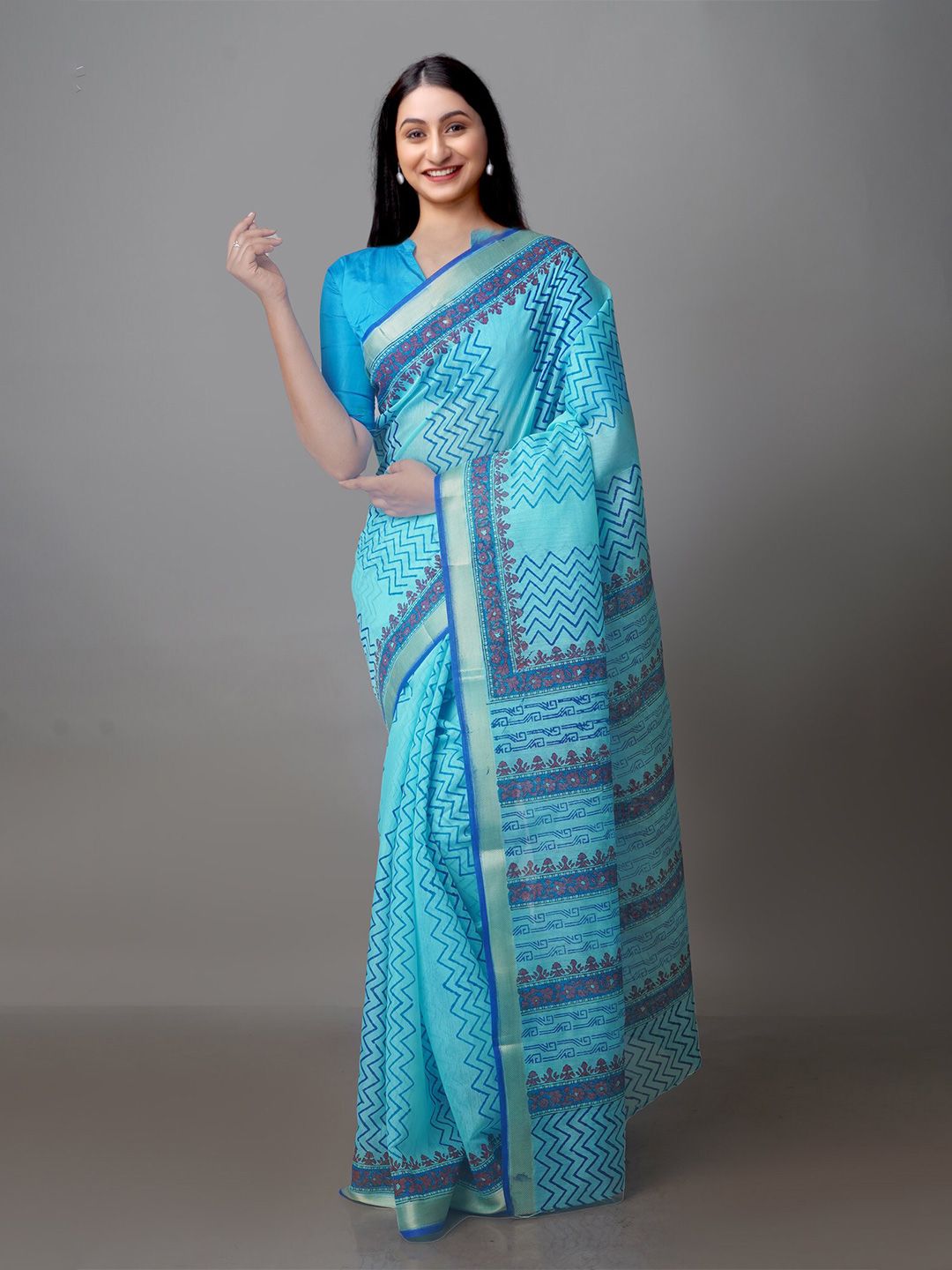 Unnati Silks Blue & Purple Ethnic Motifs Zari Silk Cotton Chanderi Saree Price in India
