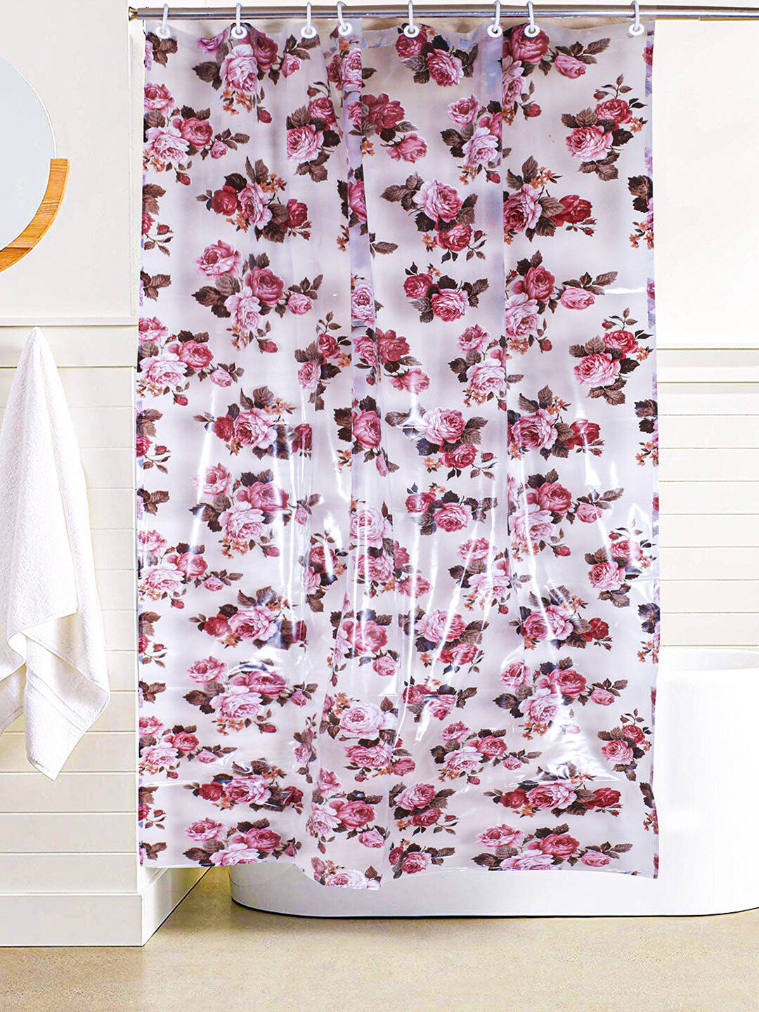 Kuber Industries Brown & White Floral Printed Shower Curtains