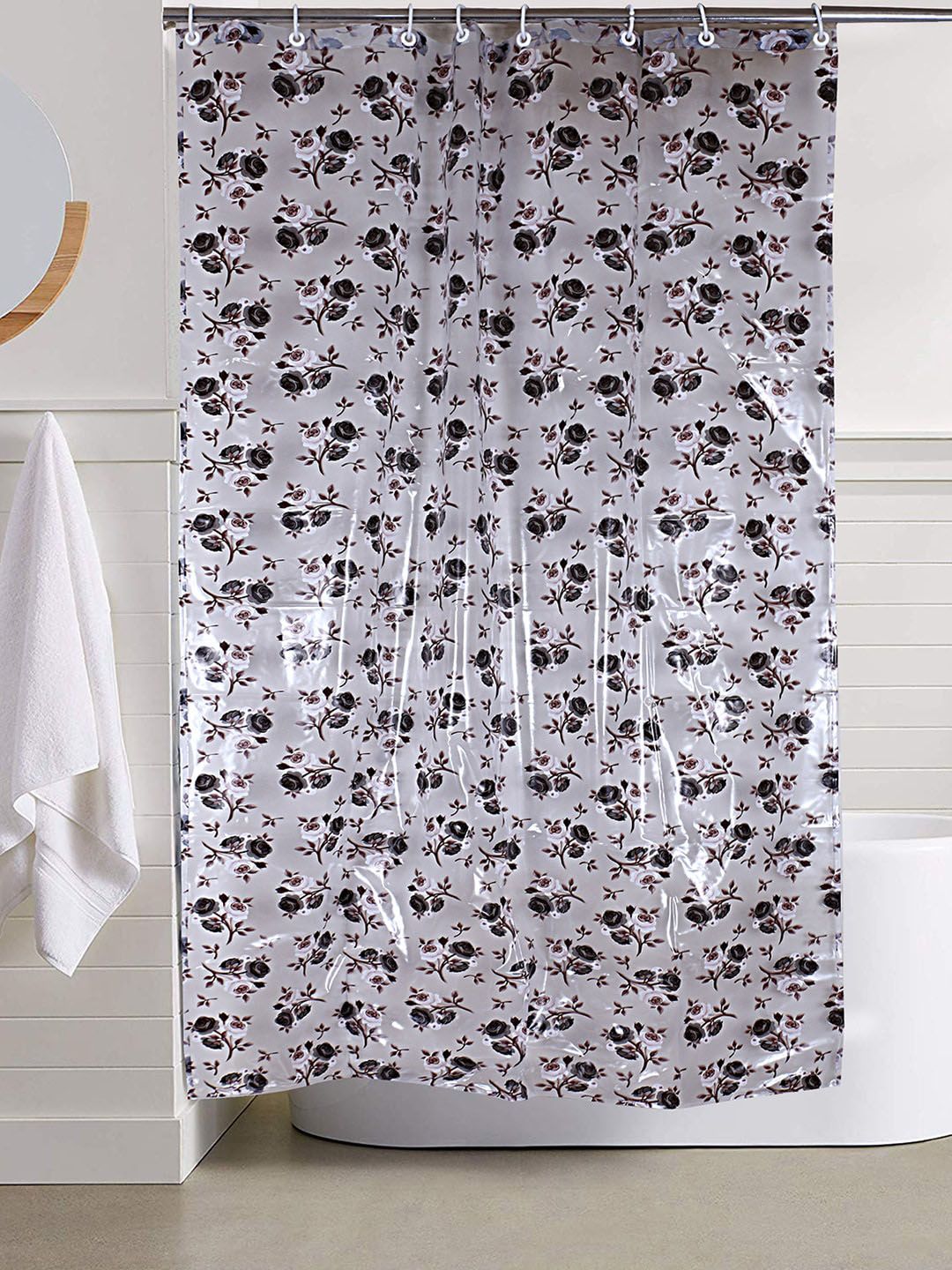 Kuber Industries Brown & Grey Floral Printed Waterproof Shower Curtain