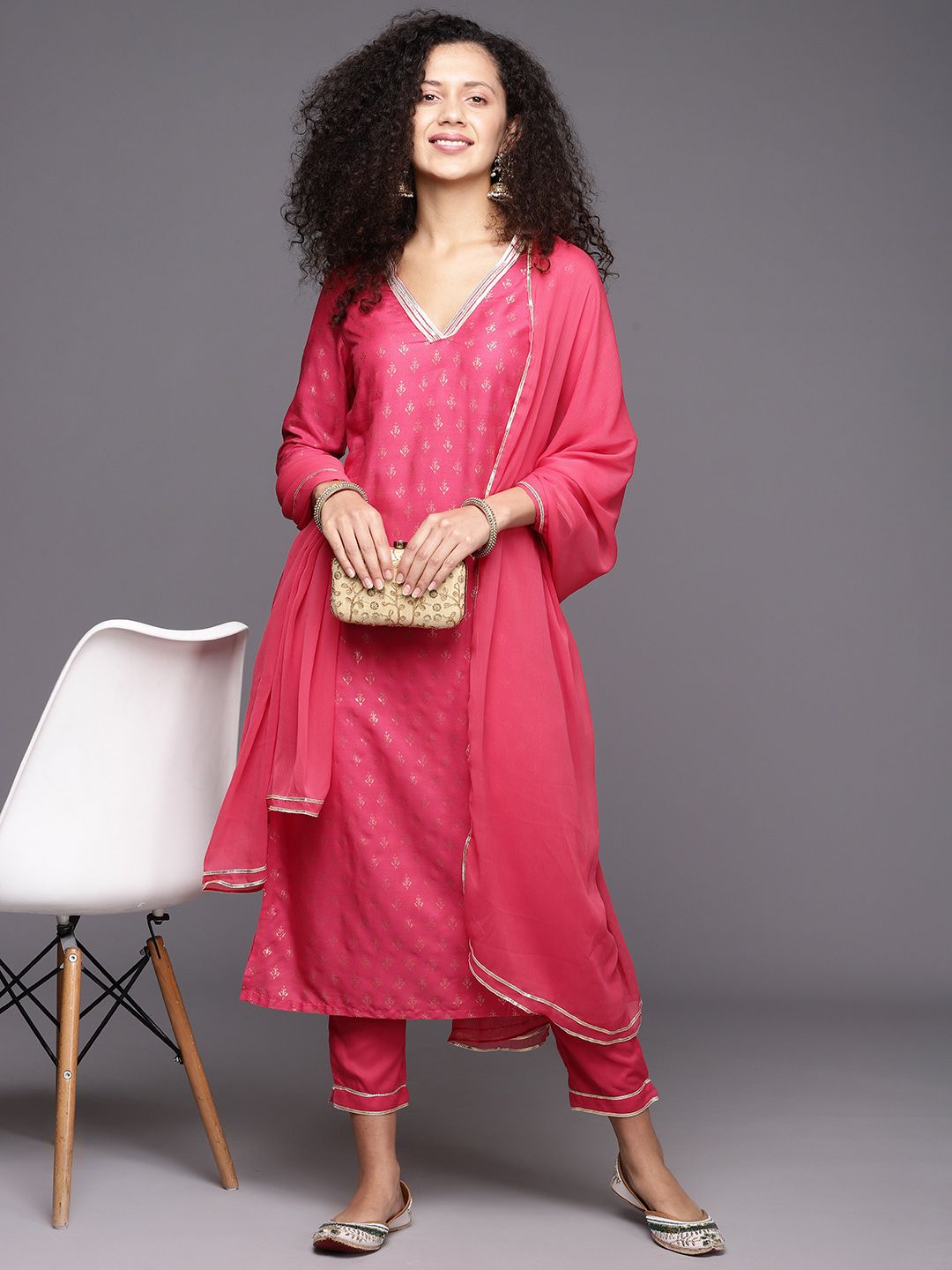 Biba Women Pink Ethnic Motifs Yoke Design Empire Kurta with Trousers & With Dupatta Price in India