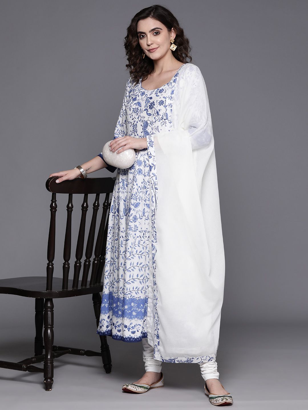 Biba Floral Print Kurta with Churidar & Dupatta