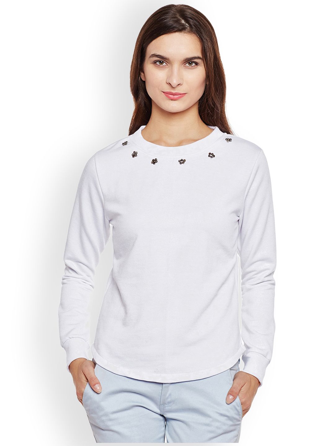 Belle Fille Women White Solid Sweatshirt Price in India