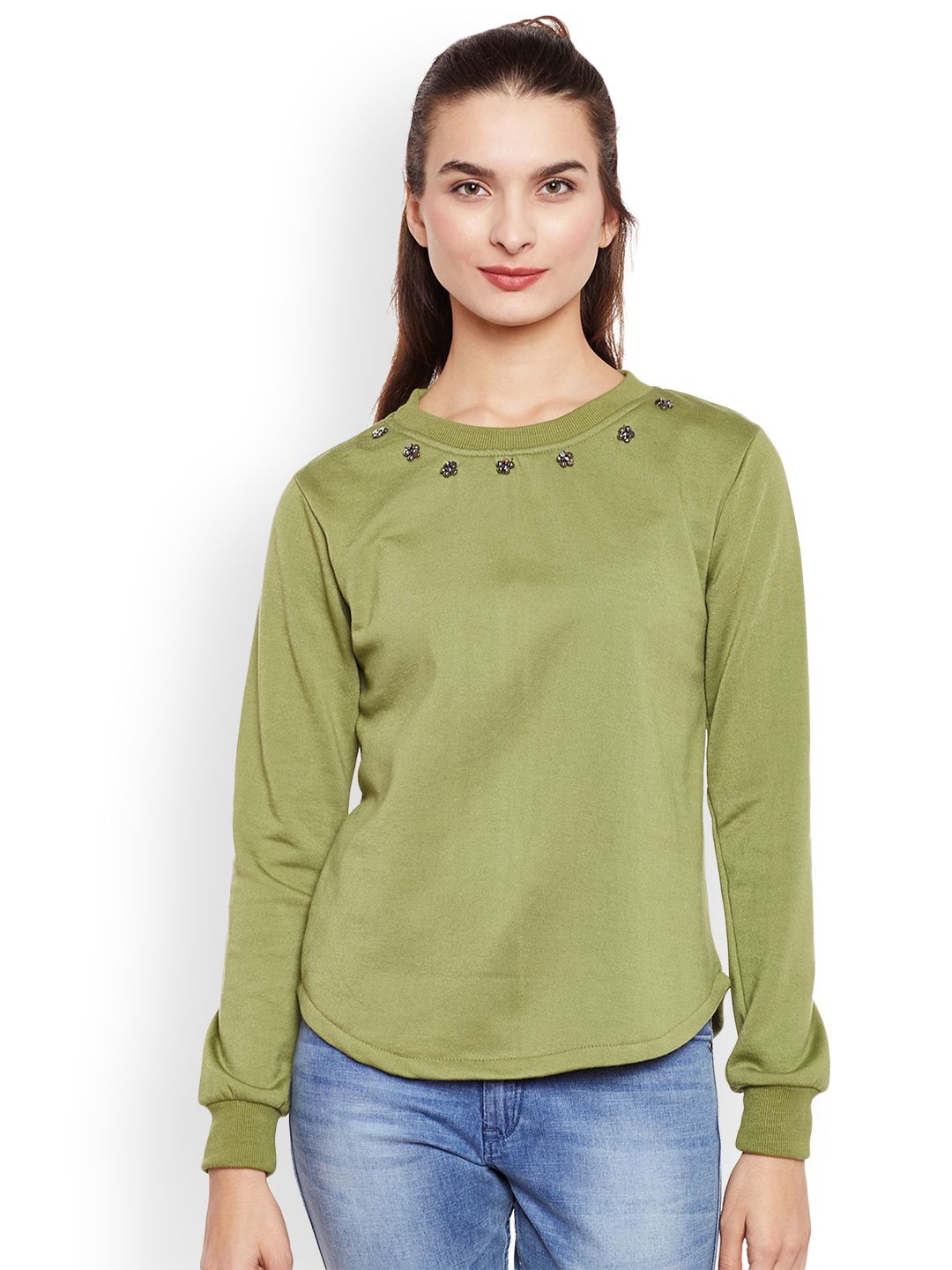 Belle Fille Women Olive Green Solid Sweatshirt Price in India