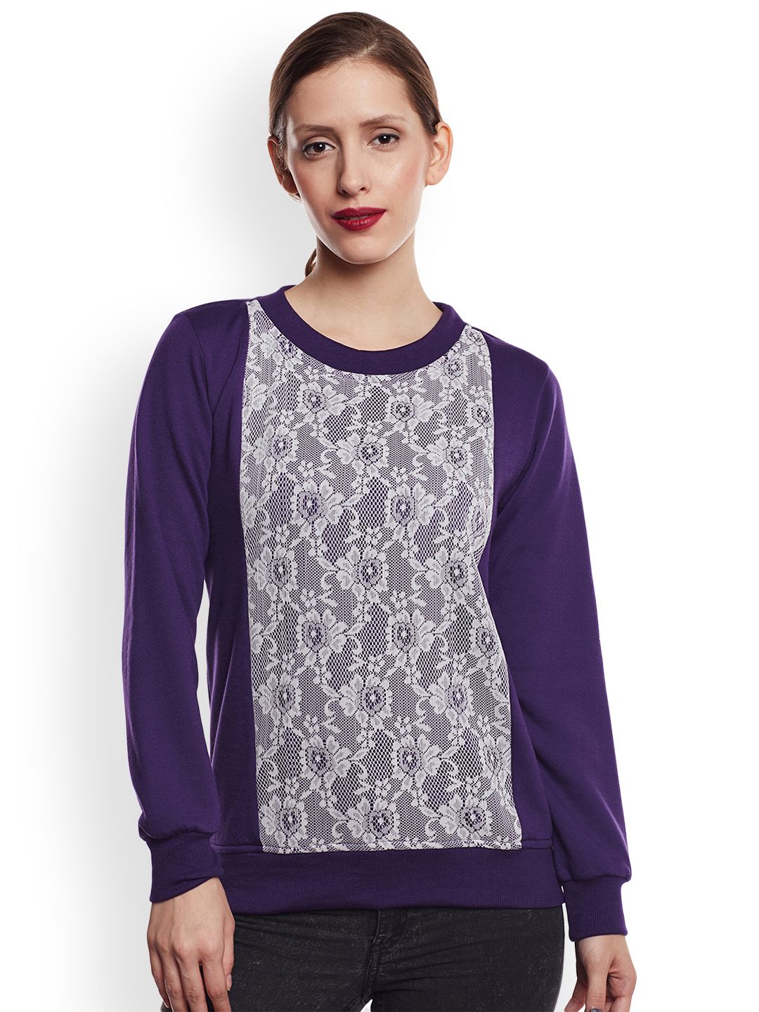 Belle Fille Women Purple Solid Sweatshirt with Lace Detail Price in India
