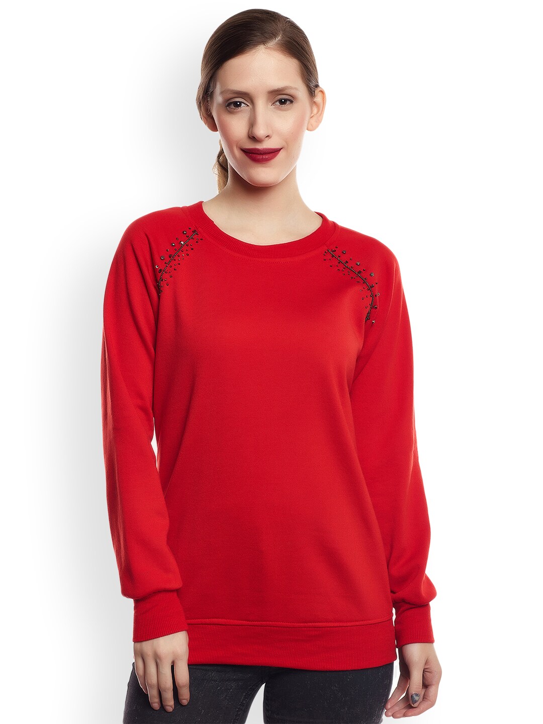 Belle Fille Women Red Solid Sweatshirt Price in India
