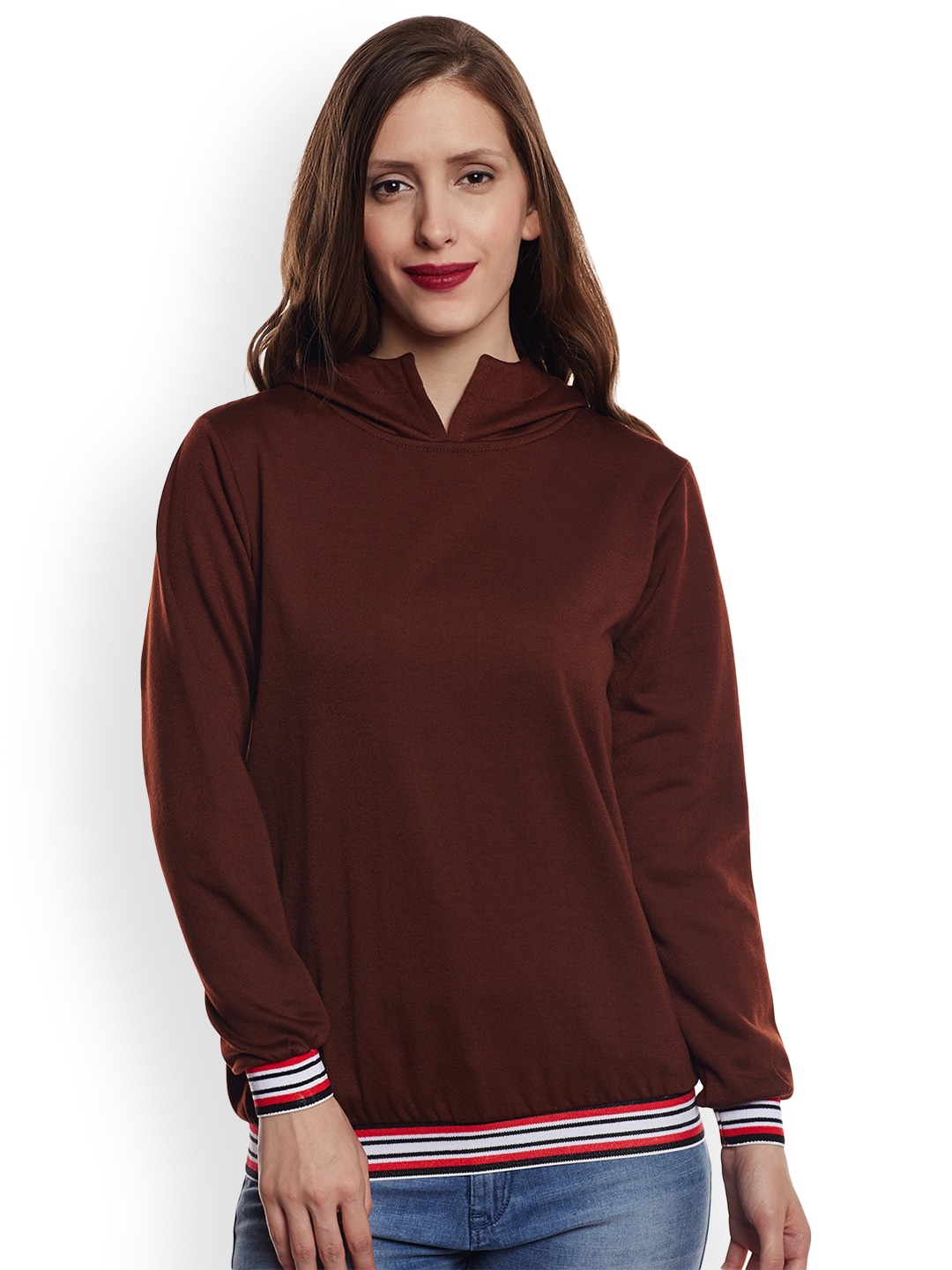 Belle Fille Women Brown Solid Hooded Sweatshirt Price in India