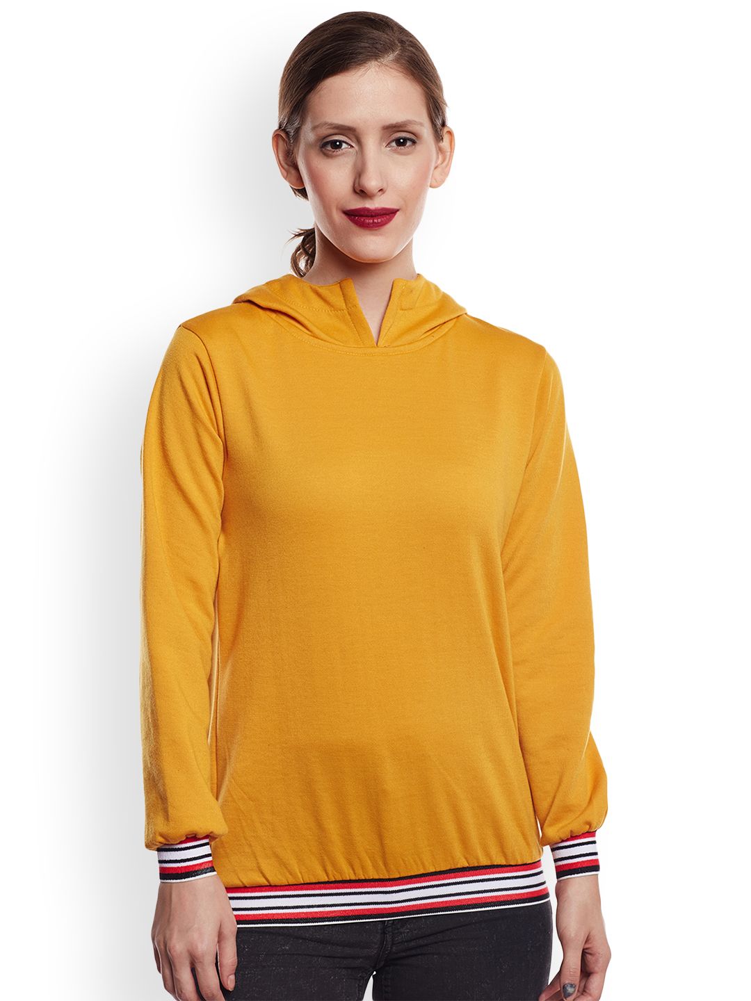 Belle Fille Women Mustard Yellow Solid Hooded Sweatshirt Price in India