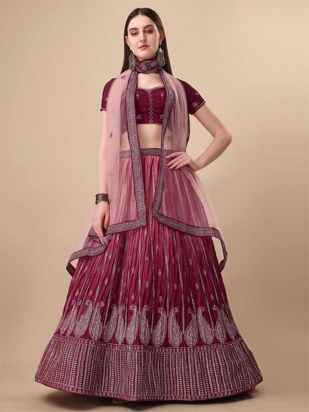 Vaidehi Fashion Maroon & Silver-Toned Embroidered Sequinned Ready to Wear Lehenga & Unstitched Blouse With Price in India