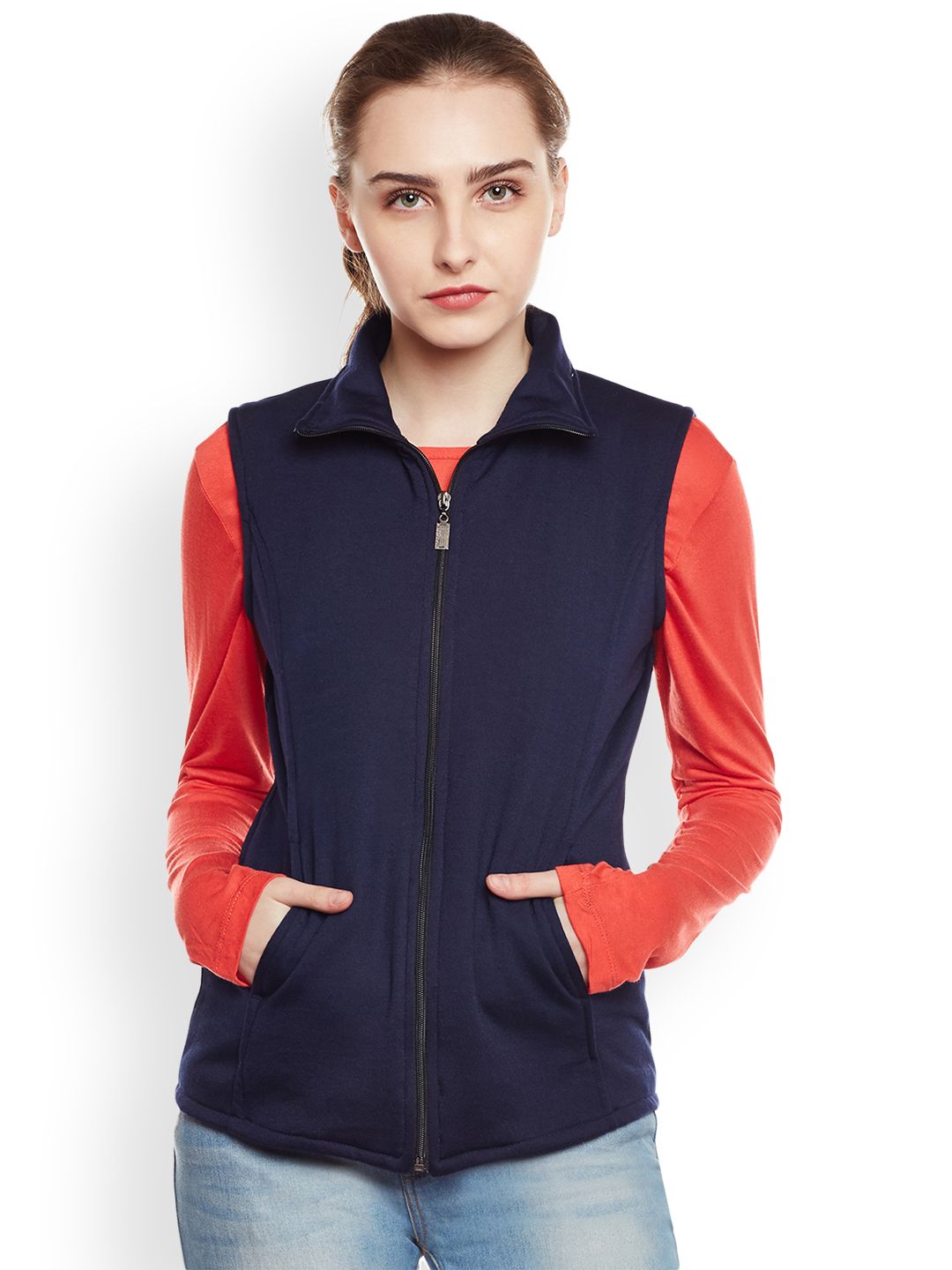 Belle Fille Women Navy Blue Solid Open Front Jacket Price in India