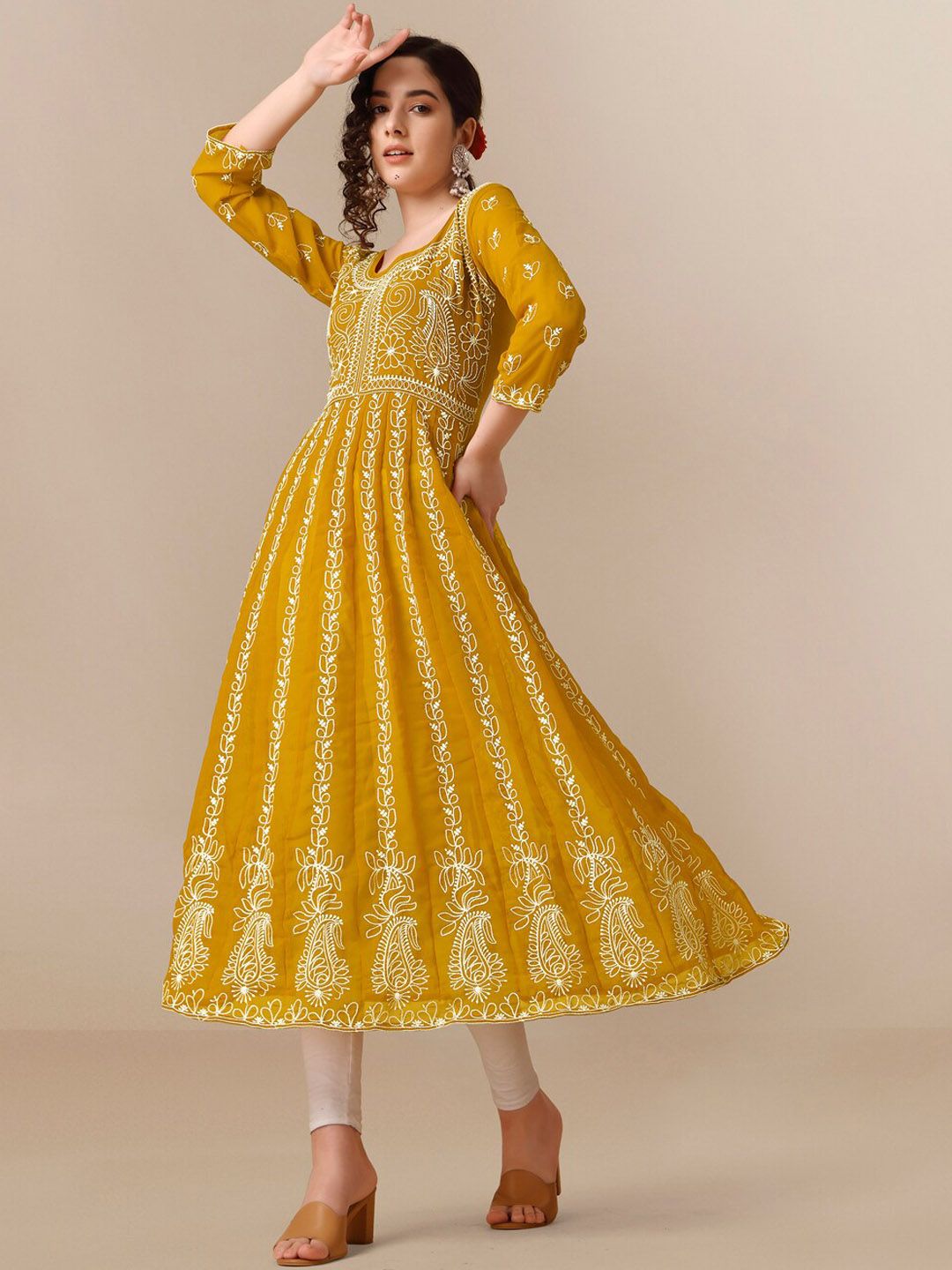 HERE&NOW Ethnic Motifs Embroidered Chikankari Georgette Anarkali Kurta Price in India