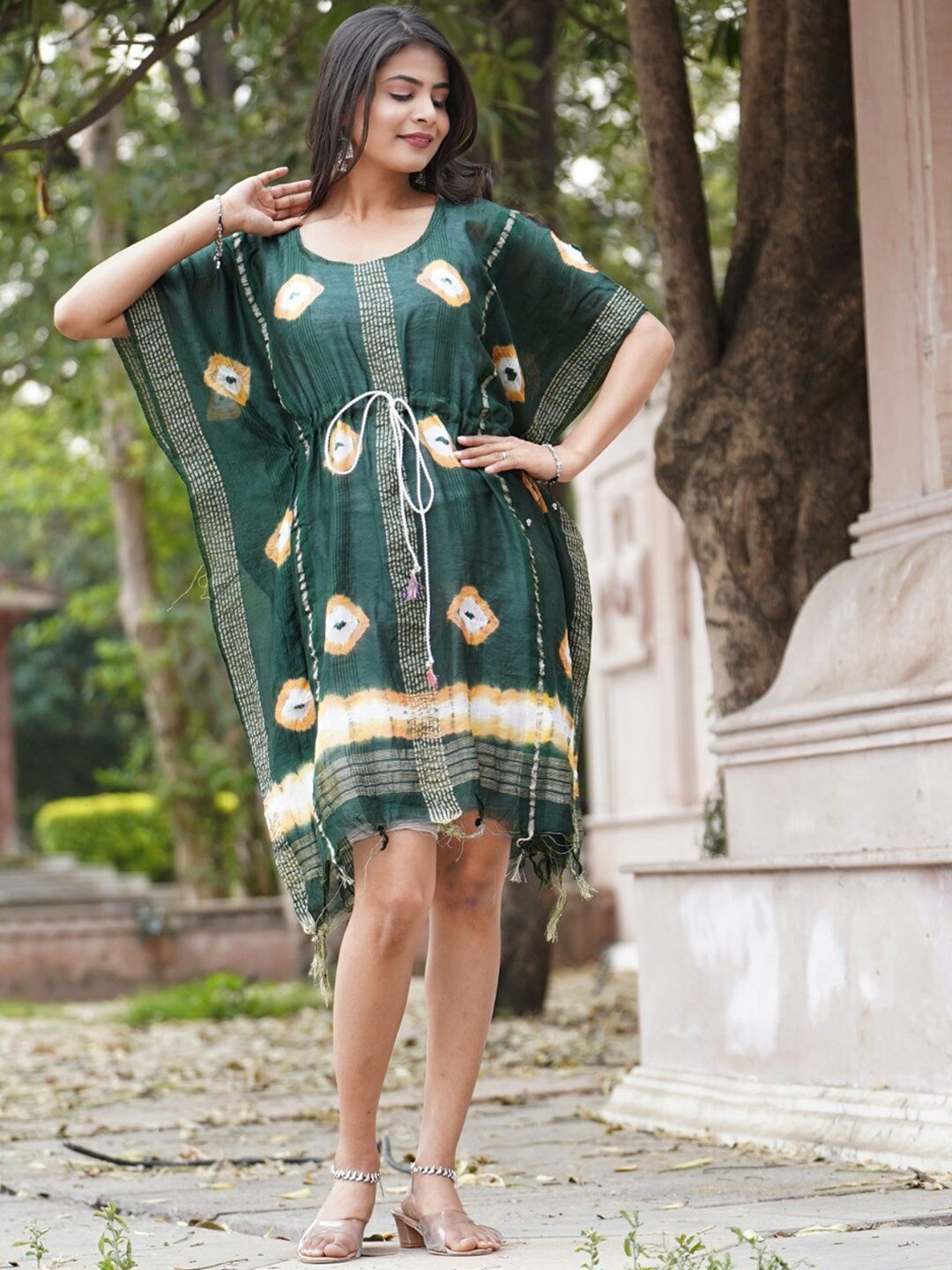 Kesarya Tie and Dyed Flared Sleeves Pure Cotton Kaftan Dress Price in India