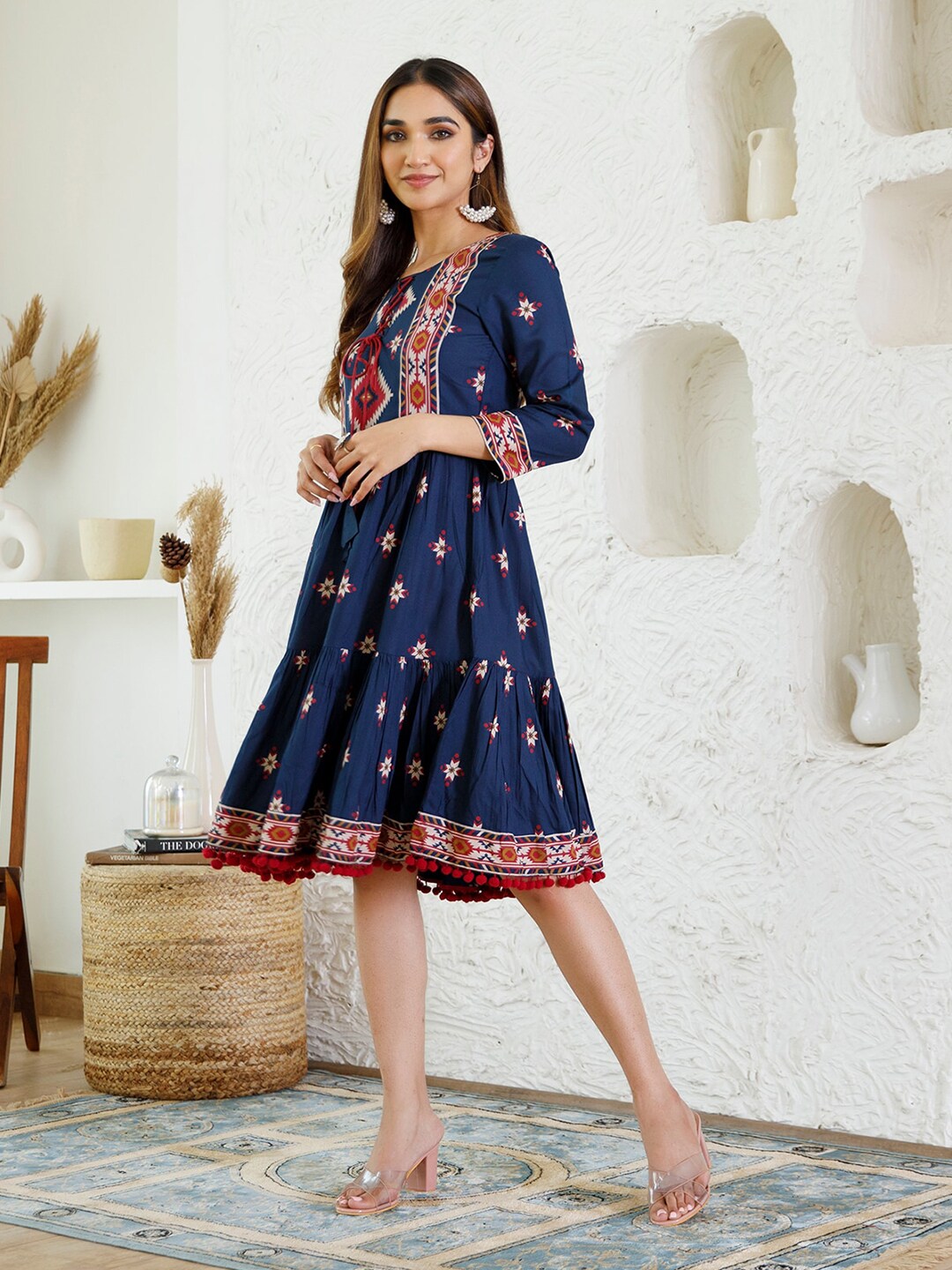 Rustorange Floral Print A-Line Ethnic Dress Price in India