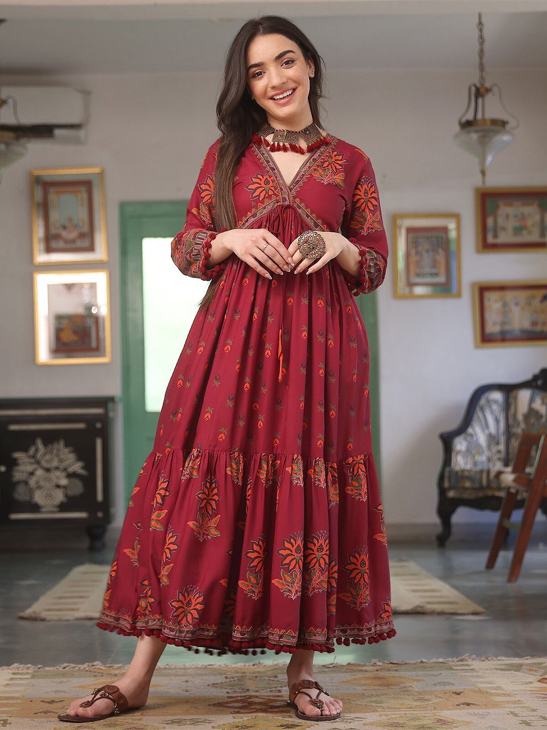 Rustorange Maroon Ethnic Motifs Print Maxi Dress Price in India