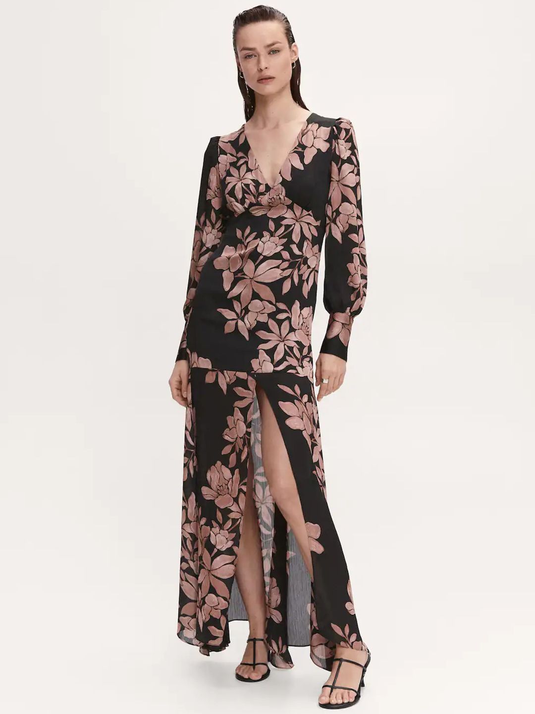 MANGO Floral Print Puff Sleeves Chiffon Semi-Sheer High-Slit Maxi Dress Price in India