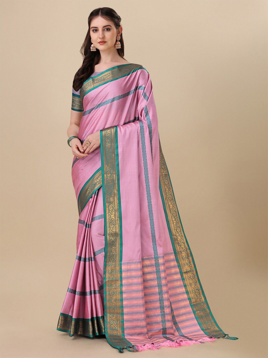 KALINI Peach-Coloured & Green Woven Design Zardozi Silk Cotton Ikat Saree Price in India