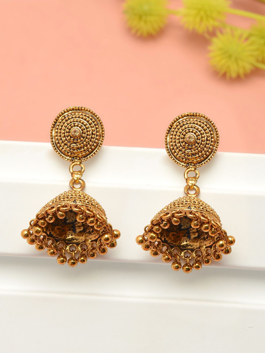 Zaveri Pearls Gold-Plated Dome Shaped Textured Jhumkas Price in India