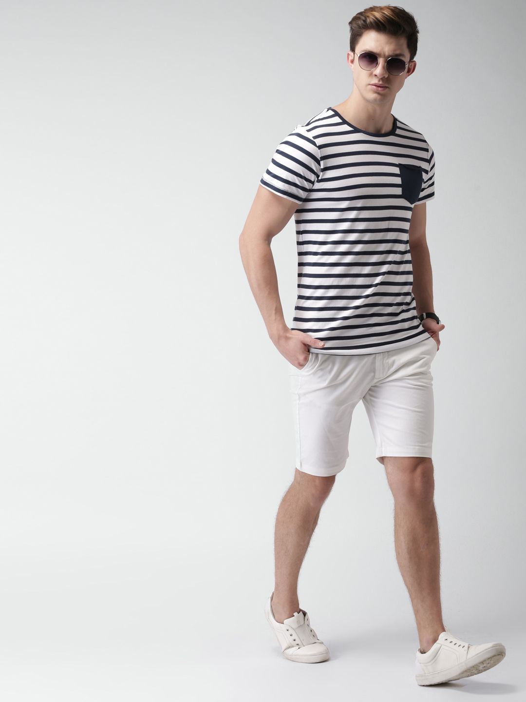 Mast & Harbour Men Navy & White Striped Round Neck T-shirt