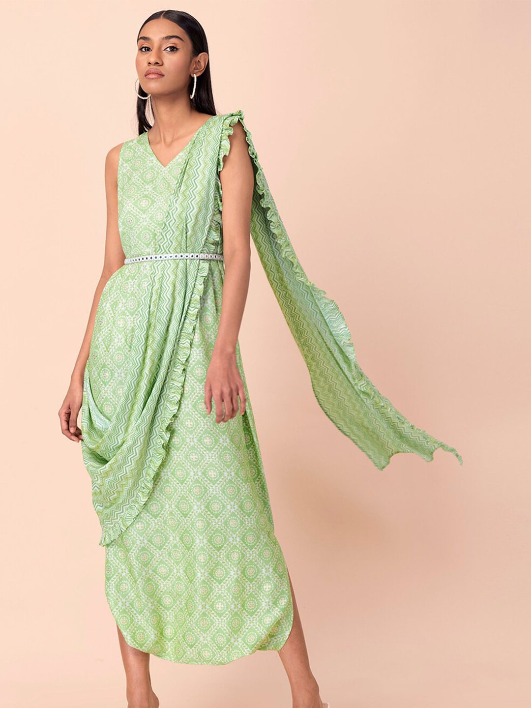 INDYA Foil Printed Belted Jumpsuit with Attached Dupatta Price in India