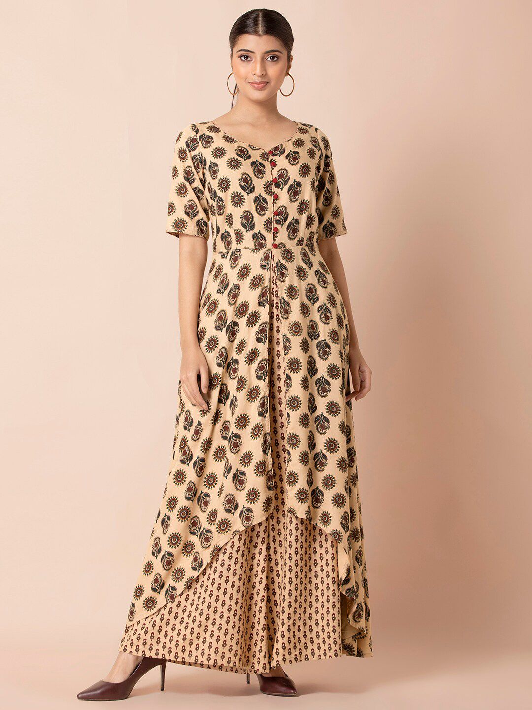 INDYA Ethnic Motifs Printed Layered Culotte Jumpsuit Price in India
