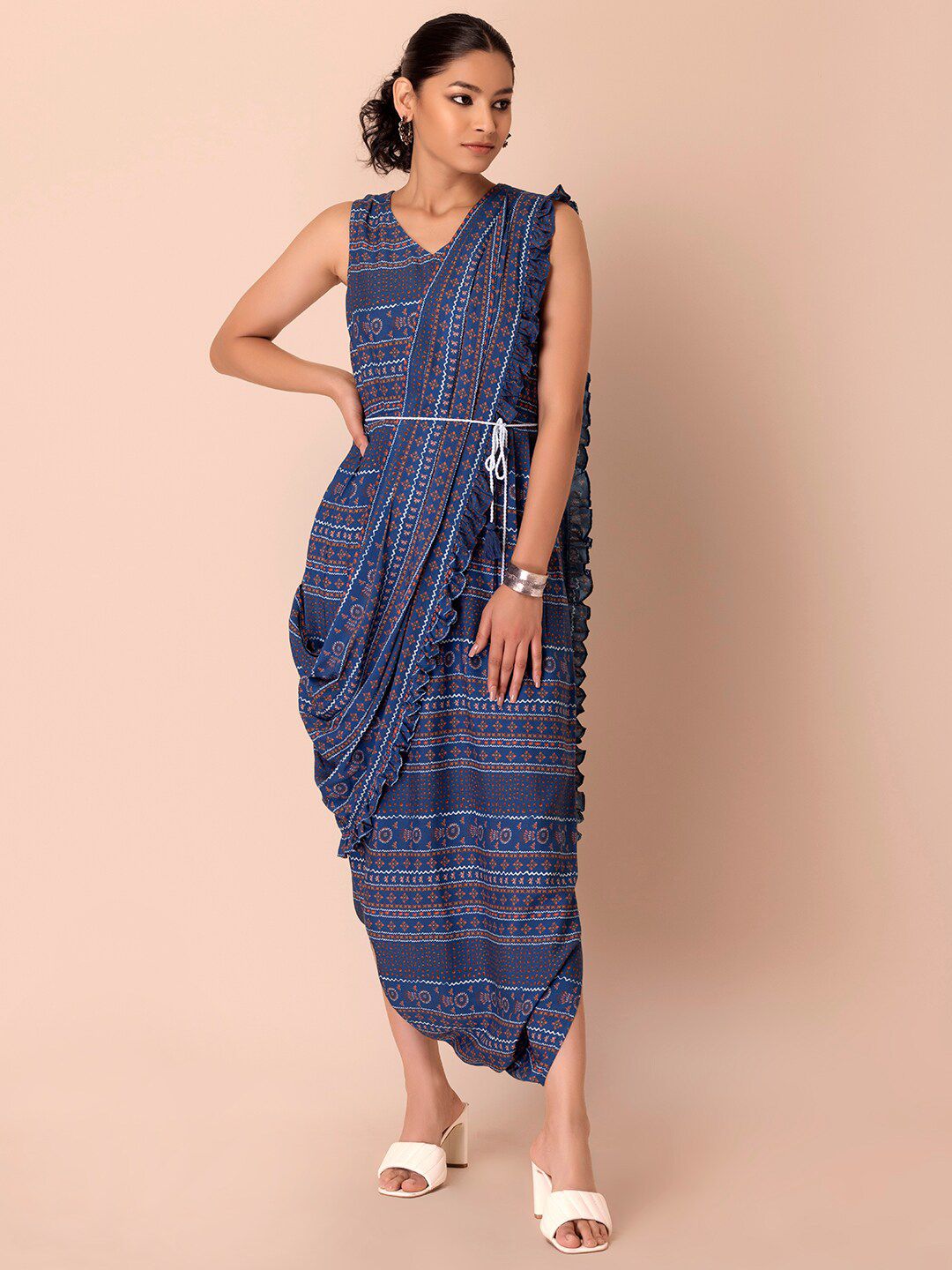 INDYA Ethnic Motifs Printed Belted Jumpsuit with Attached Dupatta Price in India