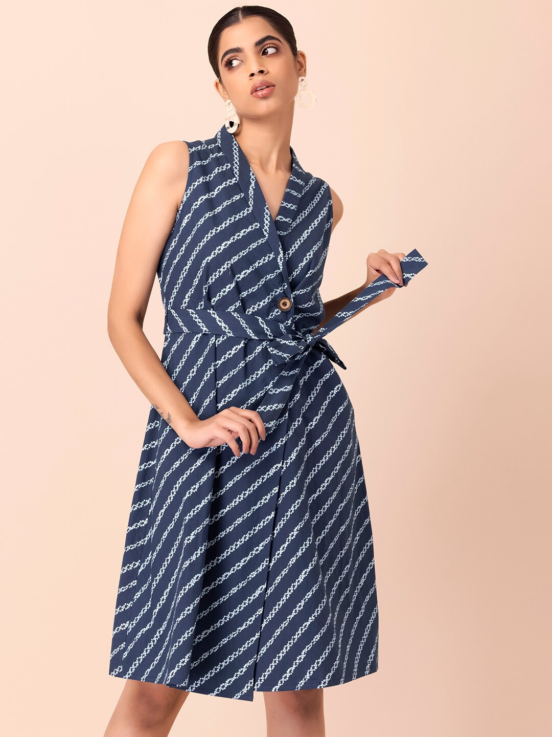 INDYA Striped Pure Cotton Shirt Dress With Belt Price in India